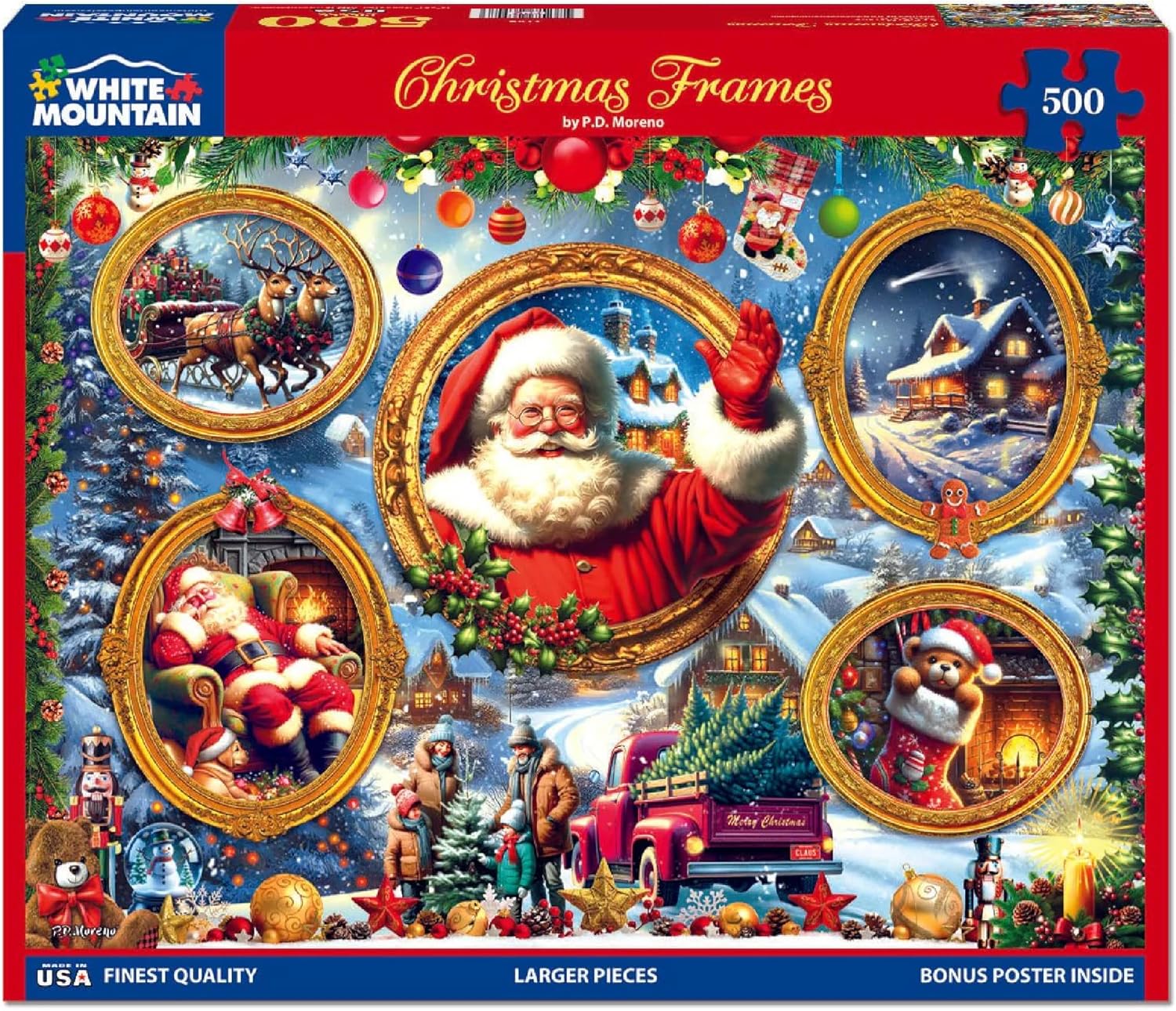 White Mountain 500 Piece Jigsaw Puzzle Winter Santa Collage Puzzles with Large Pieces Gift for Adults 18"x24" - Christmas Frames
