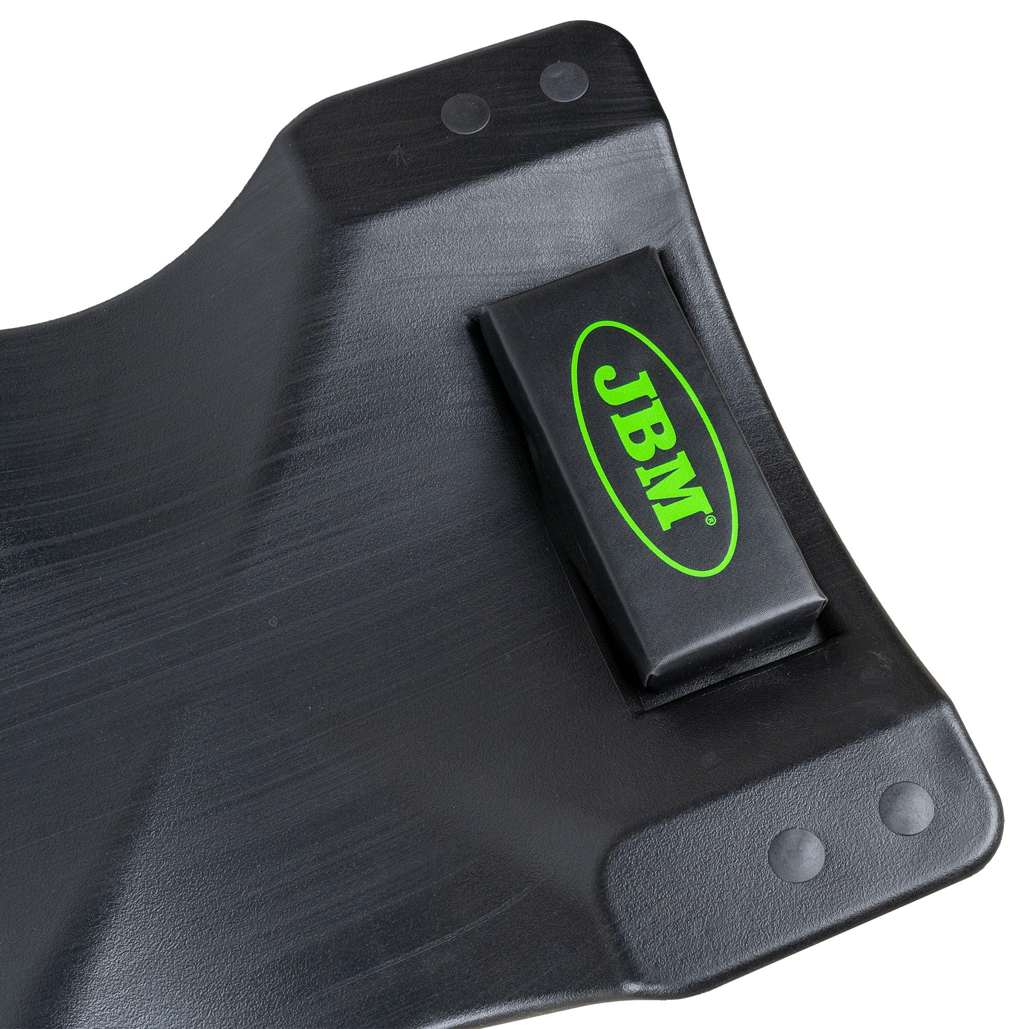 JBM Carrello da Meccanico Professionale, Plastica Nera con Logo Verde, 6 Ruote Girevoli 360°, Poggiatesta Regolabile, Vassoi Laterali per Manutenzione Auto, 100x40x93 cm