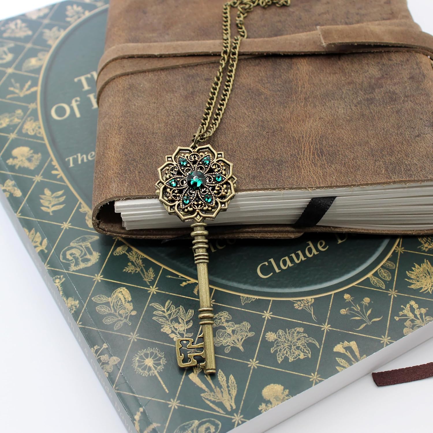 Mayfair Witches Inspired Key Necklace made with Emerald Rhinestones, Magical Jewelry, Fantasy Jewelry, Skeleton Key Pendant