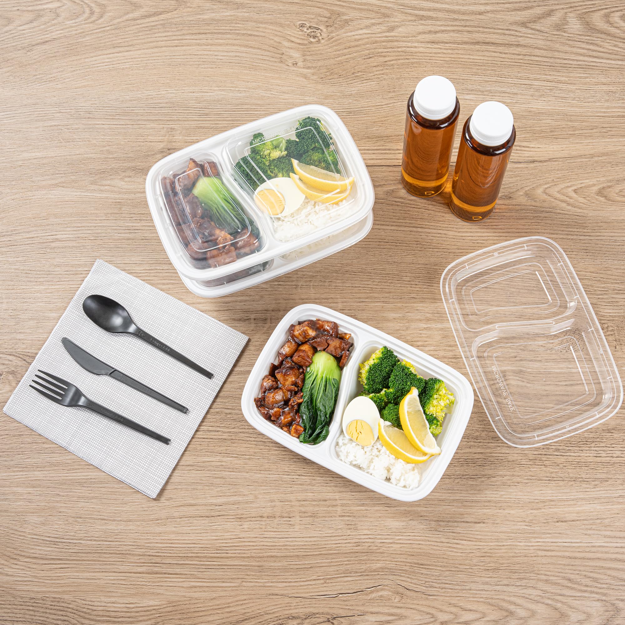 Asporto - Recipientes de preparación de comidas de 2 compartimentos de 32 onzas, 100 recipientes de preparación de comidas sin BPA, aptos para microondas, desechables, recipientes de plástico blanco