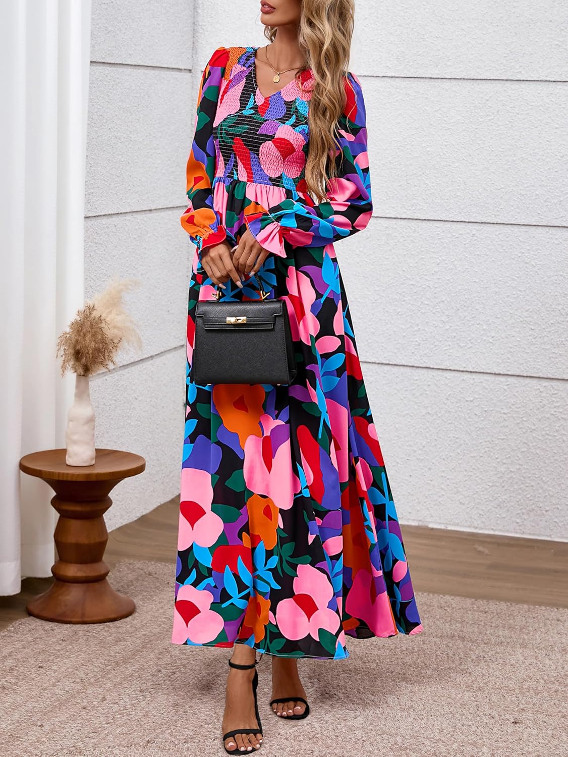 MASCOMODA Womens 2025 Fall Long Sleeve Floral Maxi Dress Casual Smocked V Neck Boho A Line Flowy Long Wedding Guest Dresses - Image 5