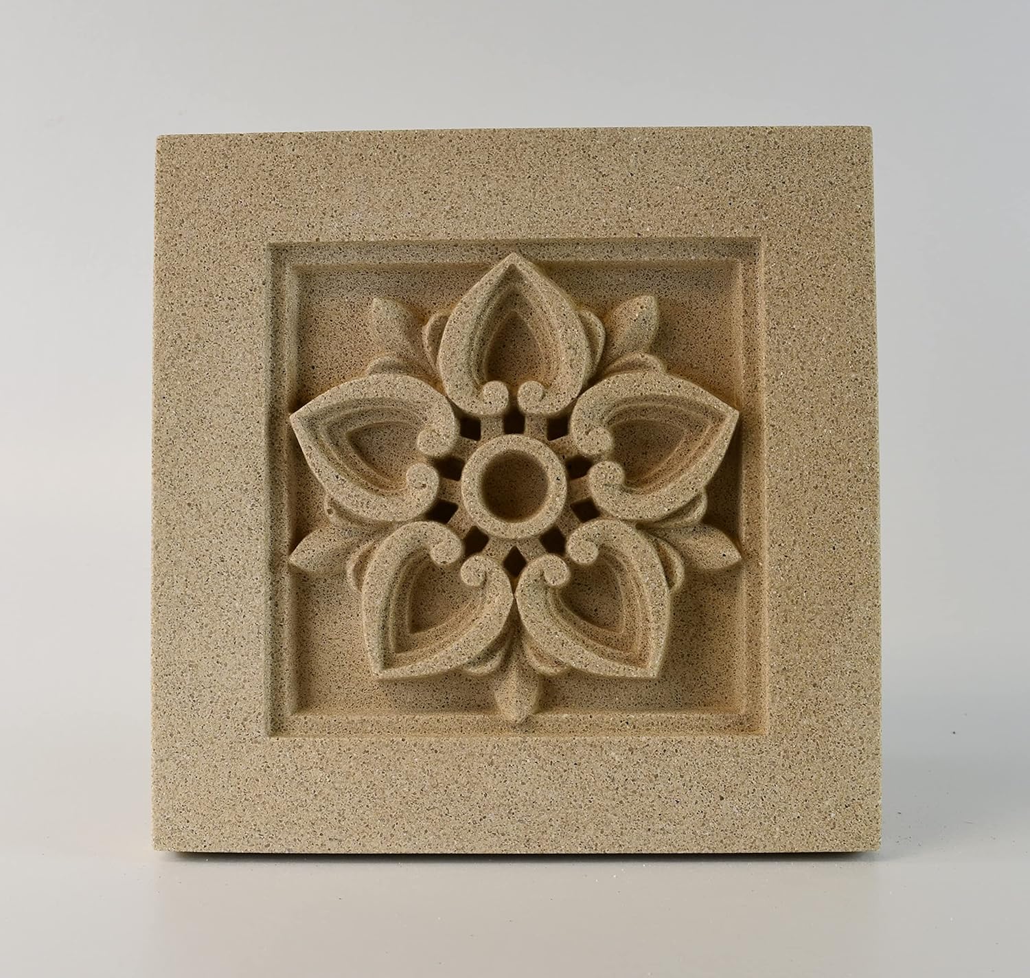 Sculpted Architectural Bas Relief 3D Tile Plaque Ornament, Solid Cast Stone, Lotus Design, 9.5"x9.5" for Wall Hanging or Tabletop Display (Buff with Keyhole)