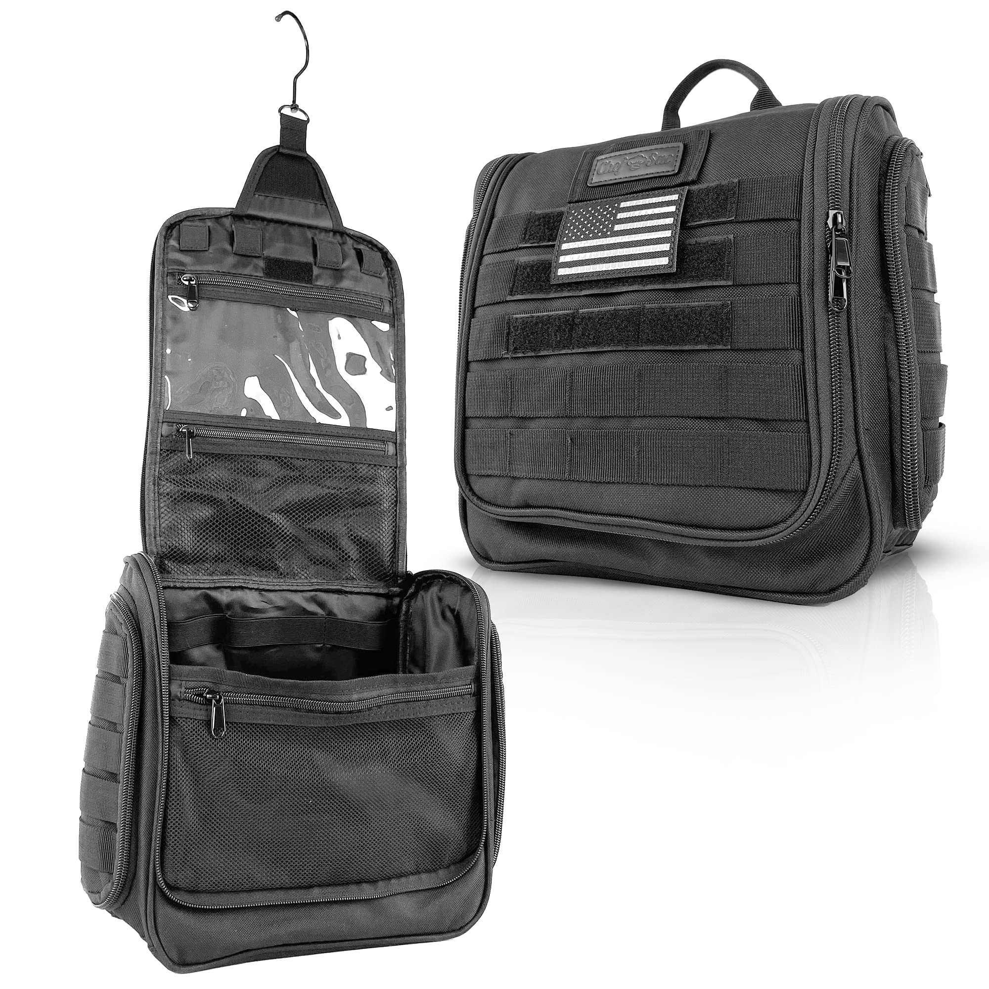 Chef Sac Tactical Toiletry Bag: Dopp Kit with 12 Compartments | Luggage Grade Zippers | MOLLE Webbing & Detachable Paracord Handle | Perfect for Travel and Outdoor Adventures, Black, Tactical Toiletry