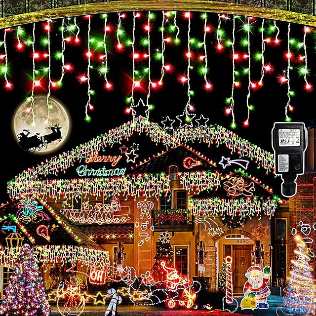 Hezbjiti Outdoor Christmas Lights, 10M 400 LEDs Icicle Fairy Lights Plug in 8 Modes with 75 Drops Curtain Lights for Window Eaves Patio Garden Wedding Holiday Christmas Decorations (Xmas Colour)