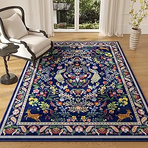 Area Rug 4x6 Rug Washable Rugs Floral Non Slip Low Pile Small Carpet for Bedroom, Bedside, Kids Room, Office, Dining Room(Blue)