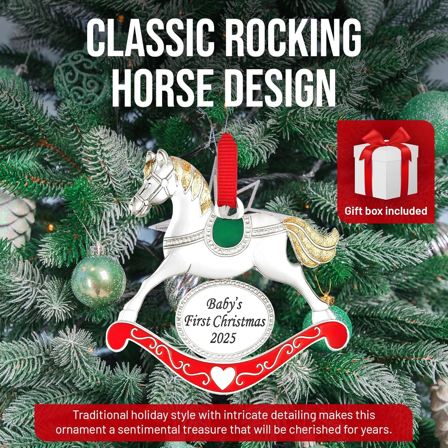 Baby’s First Christmas 2025 Ornament – Silver Rocking Horse with Red and Green Accents, Metal Keepsake Holiday Decoration, New Baby Gift - Image 6