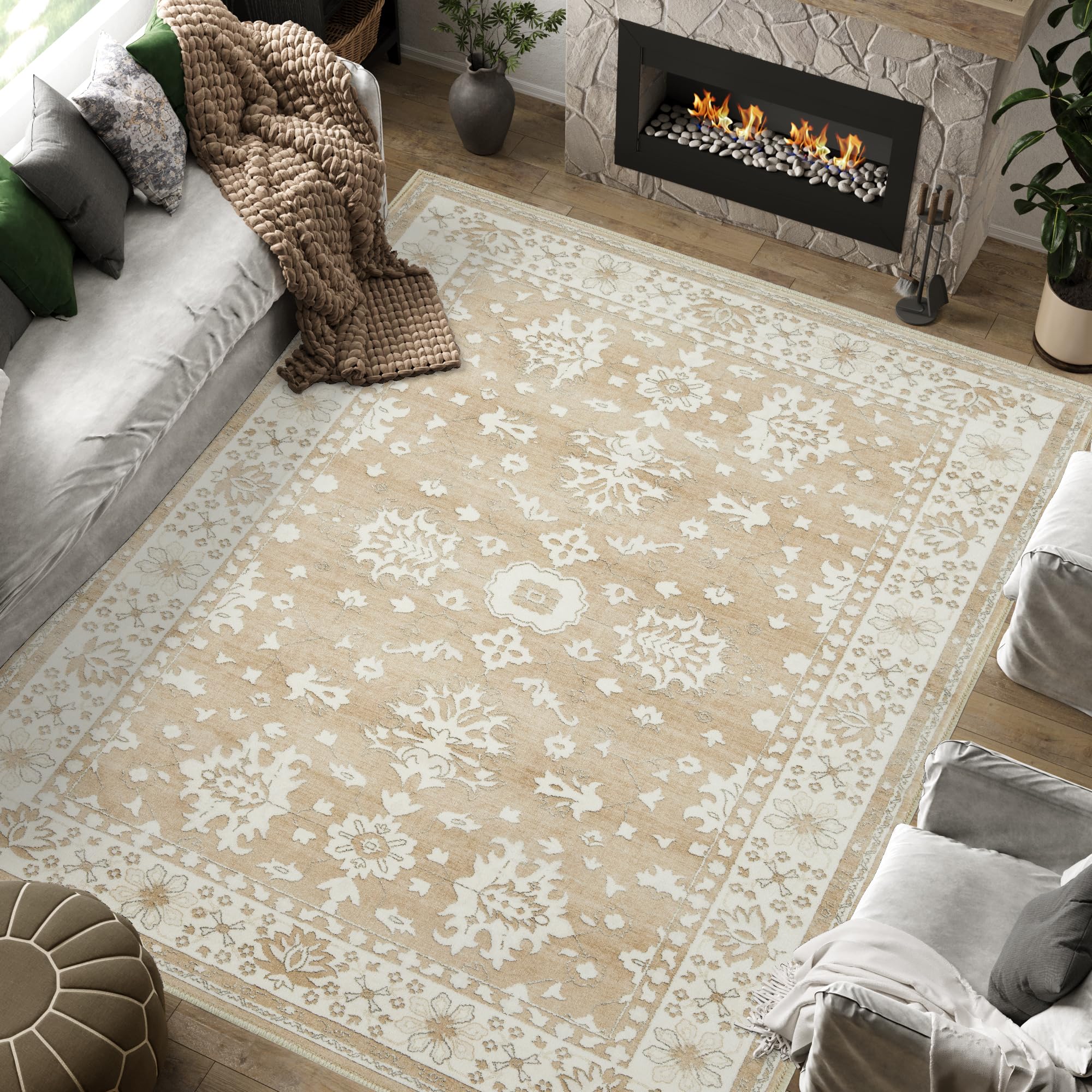 jinchan Area Rug 6x9 Washable Rug, Vintage Large Floral Oriental Mat Ultra-Thin Non Slip Traditional Border Carpet for Bedroom Living Room Dining Room Kitchen Farmhouse Decor Taupe