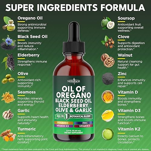 Miniatura 2 de NEW AGE Gotas de aceite de orégano - Aceite de semilla negra, saúco, vitamina D, D3, K2, oliva, ajo, suplemento de apoyo inmunológico, fórmula