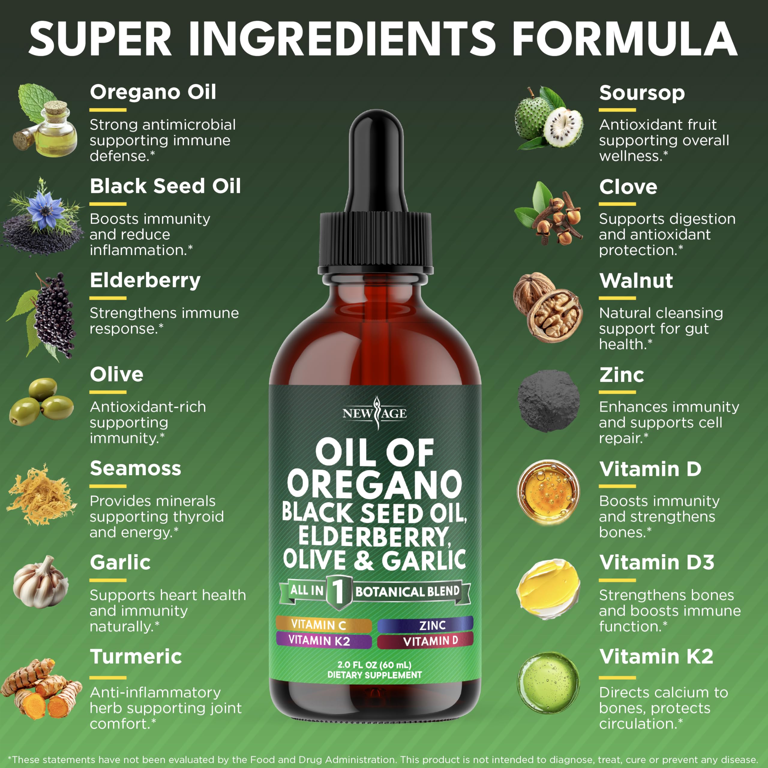 NEW AGE Oil of Oregano Drops - Black Seed Oil, Elderberry, Vitamin D, D3, K2, Olive, Garlic - Immune Support Supplement Wellness Formula, Zinc Supplements Liquid - 4Fl Oz — Amazon image 2