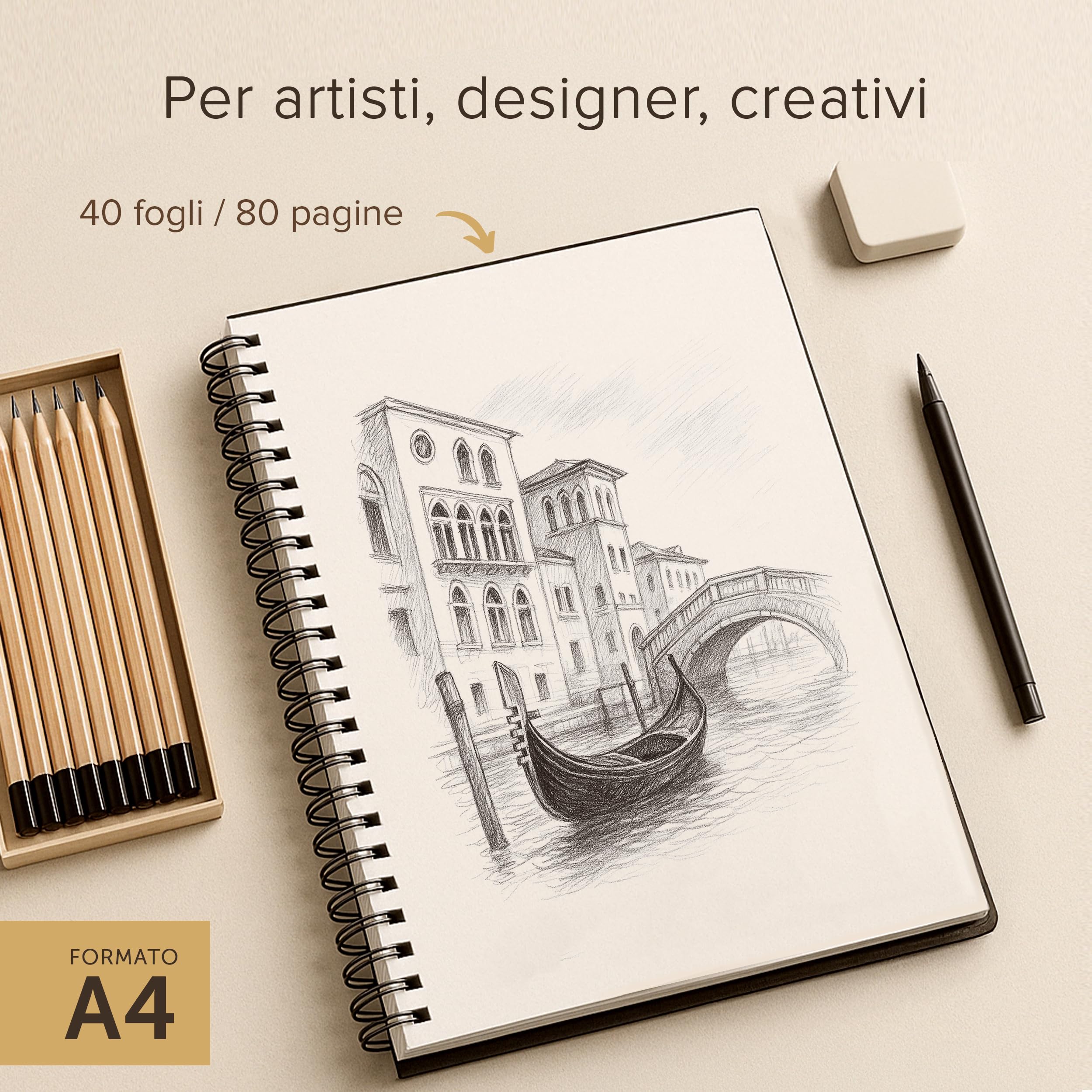 Blocco per Schizzi A4 con Copertina Rigida – Carta Molto Spessa da 200 g/m² – Grande a Spirale per Bambini, Professionisti, Disegni – 21 x 29 cm, 40 Fogli / 80 Pagine