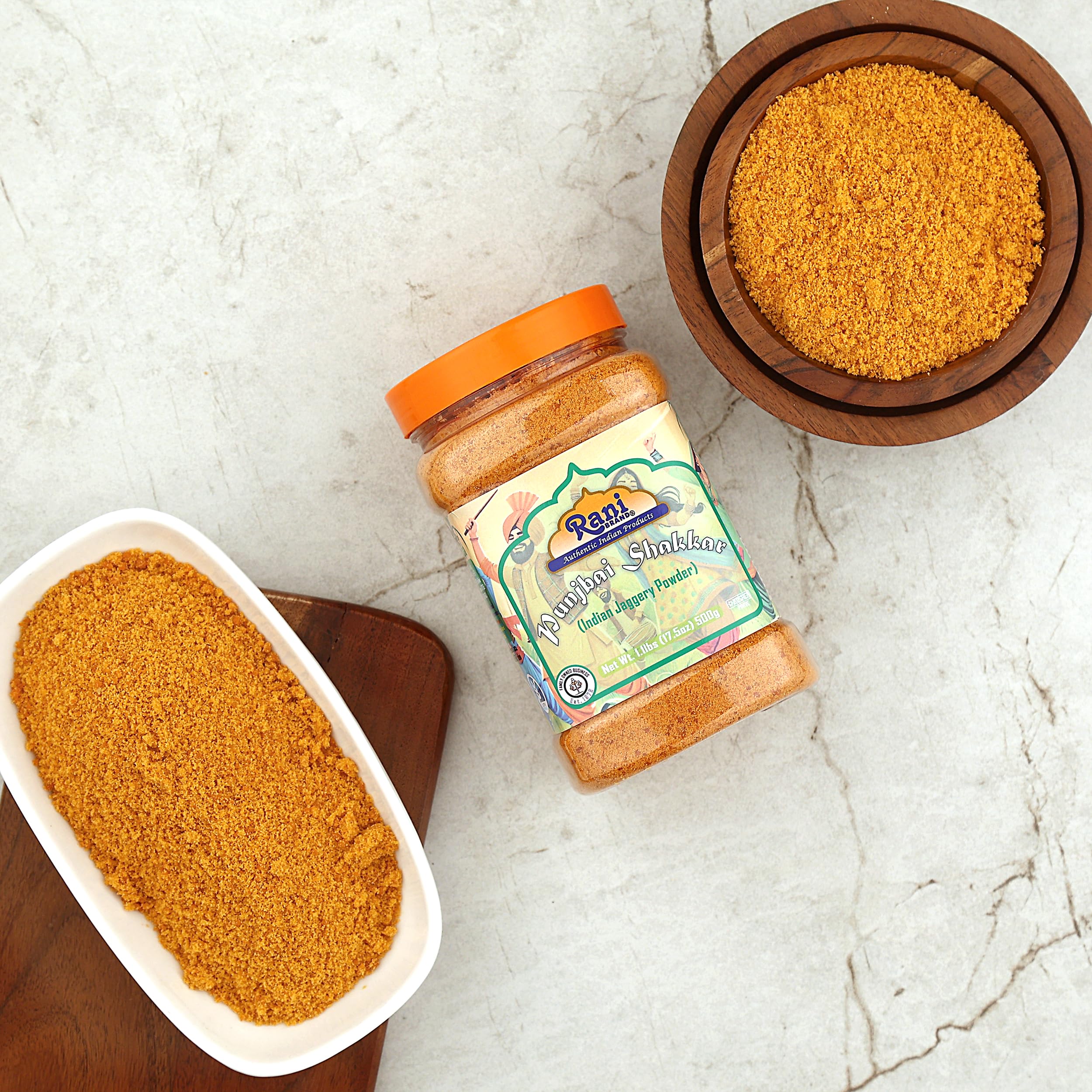 Rani Punjabi Shakkar (Polvere di Gur Jaggery) Zucchero di Canna Grezzo Indiano 17.5oz (1.1lbs) 500g Vaso in PET ~ Glutine Amichevole | Vegano | NON OGM | Senza Sale o Riempitivi | Prodotto Indiano