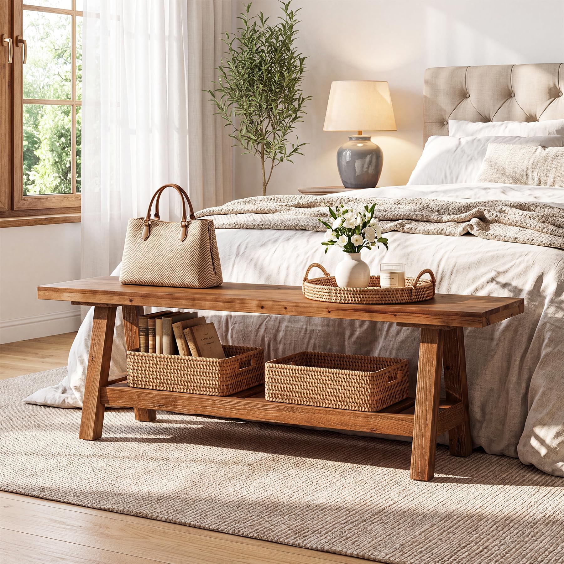 Sitzbank aus Massivholz 140 cm Flurbank mit Ablage und Schuhaufbewahrung Stabile Holzbank für Flur Diele Schlafzimmer Landhaus Design für Garderobe Eingangsbereich Wohnung