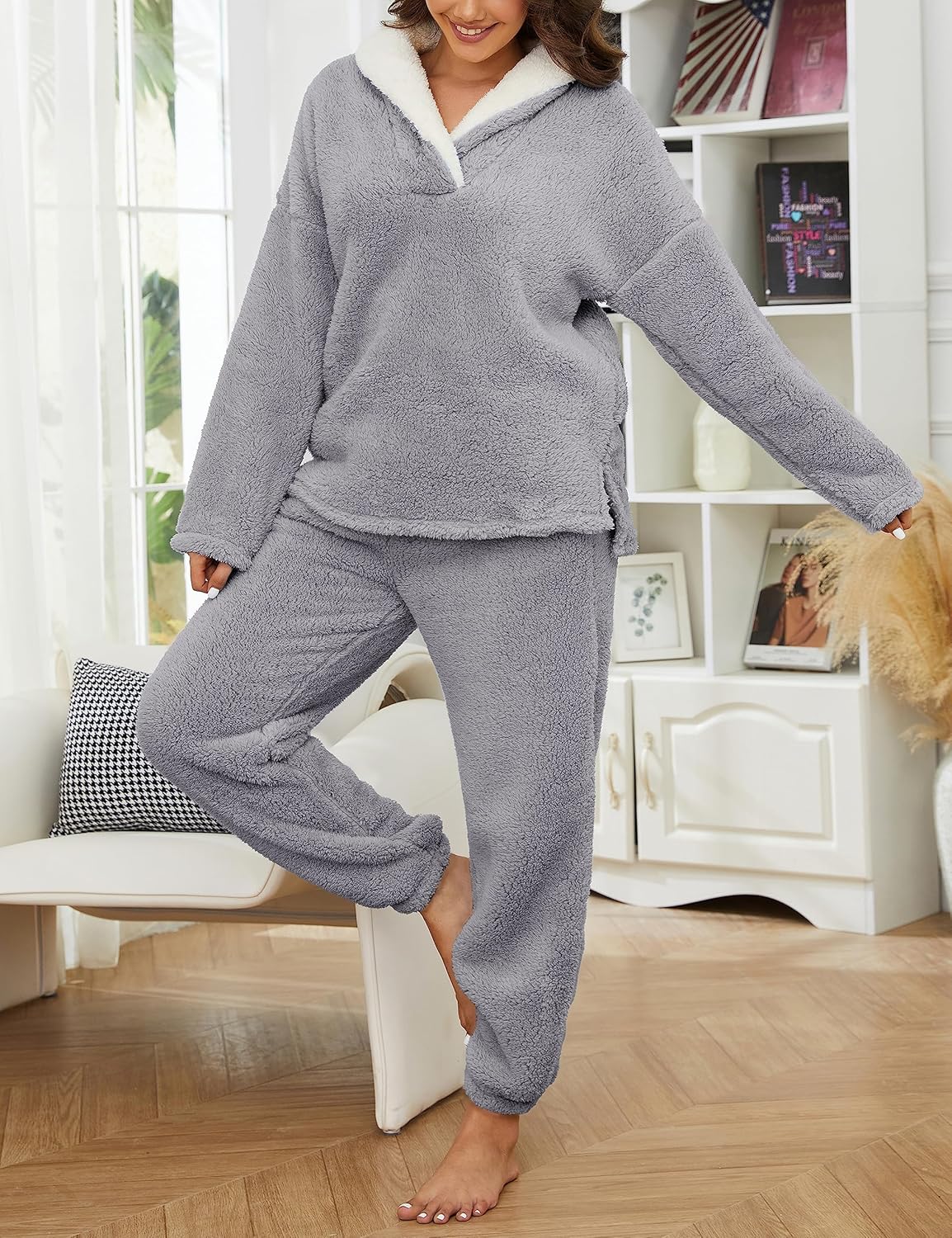 Springrain Fluffy Pajamas Set for Women Warm Fleece Pjs Set Pullover Pants Fuzzy Lounge Set - Image 4