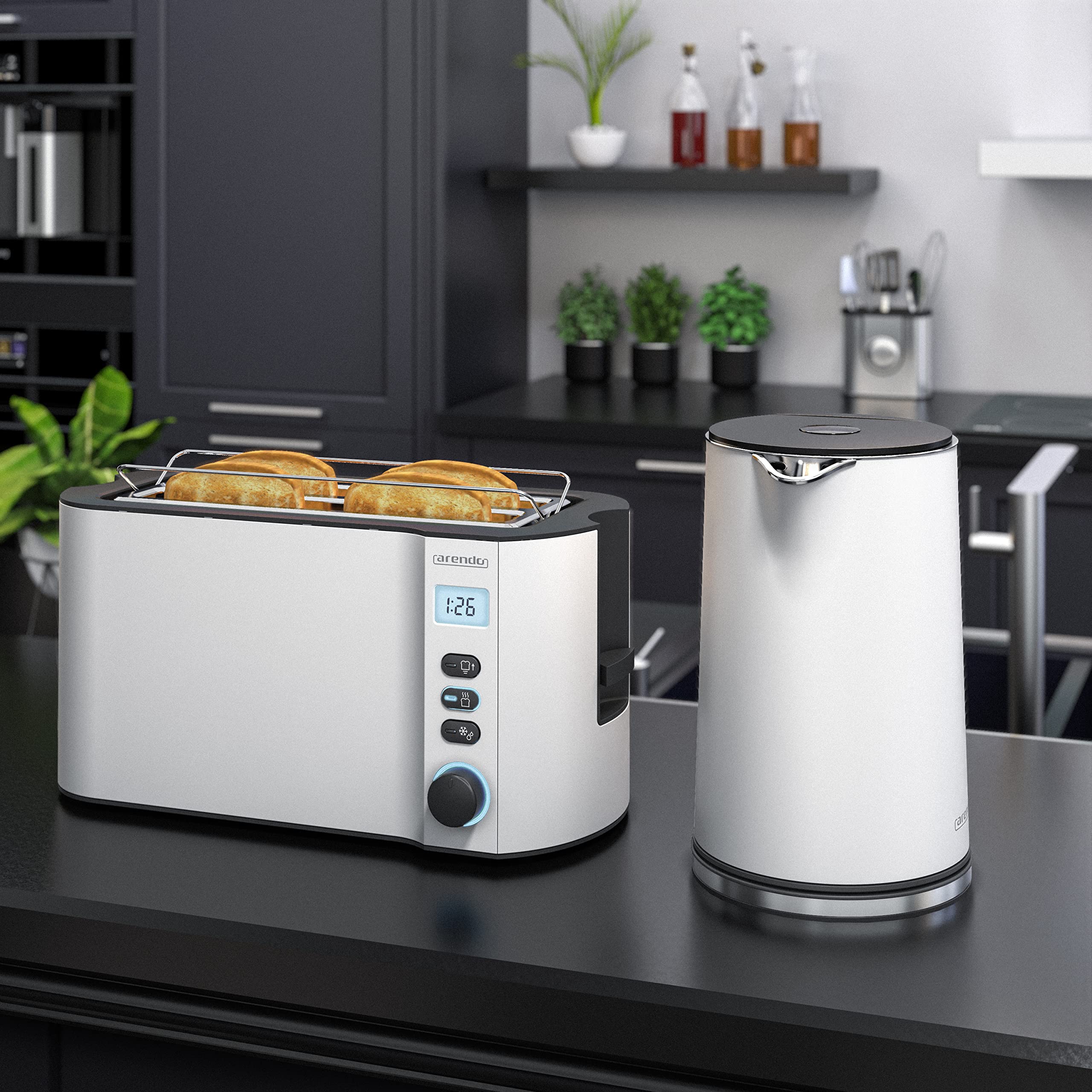 Arendo Wasserkocher Toaster SET Edelstahl Weiß matt 1,5L 4 Scheiben LED-Display