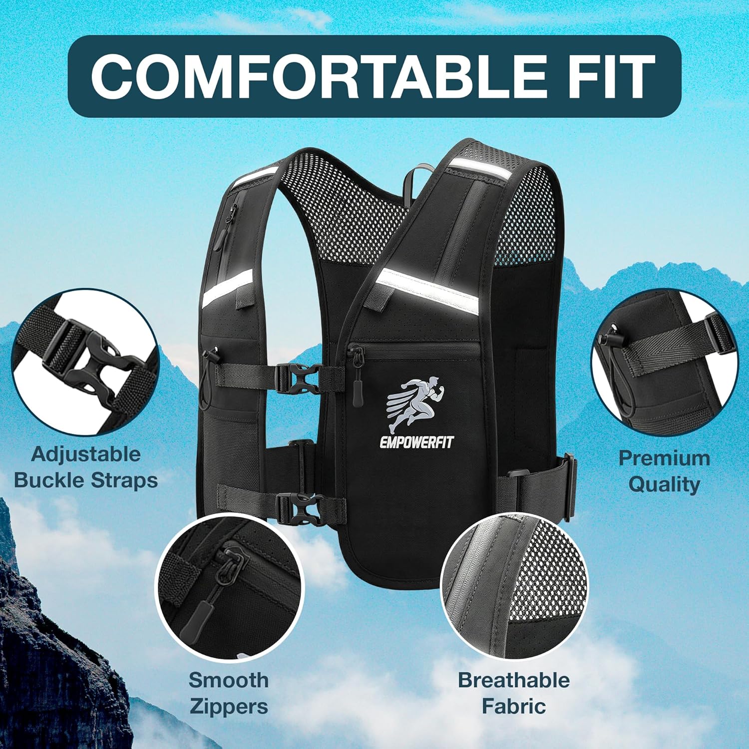 Running Vest with 500ml Water Bottle – Lightweight Reflective Hydration Vest for Men & Women, Adjustable Fit, Breathable Mesh, Secure Phone & Gel Pockets - Image 2