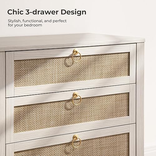 Miniatura 3 de SICOTAS Juego de 2 mesitas de noche blancas con cajones, mesita de noche grande de ratán con mango dorado, 3 cajones, mesa auxiliar alta de 26.78