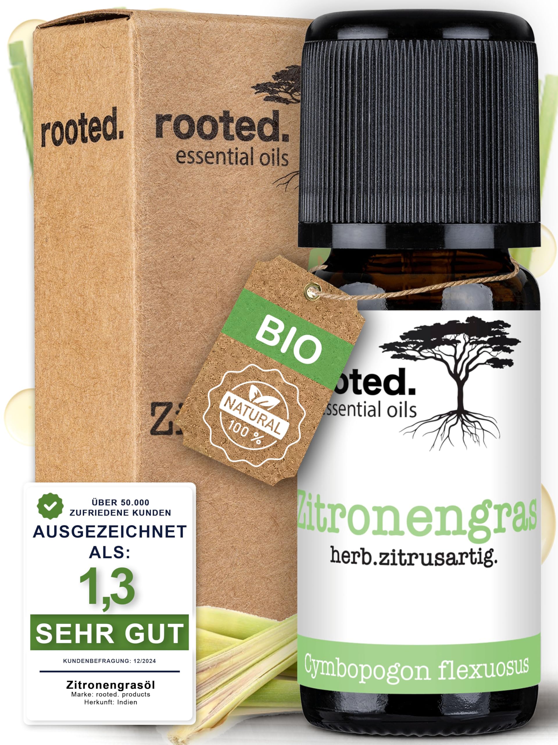rooted.® BIO Zitronengrasöl 10ml [100% NATURREIN] - Echtes Lemongras - Ätherisches Öl für Aromatherapie, Duftlampe, Diffusoren, Raumduft, Duftkerzen und -Seifen