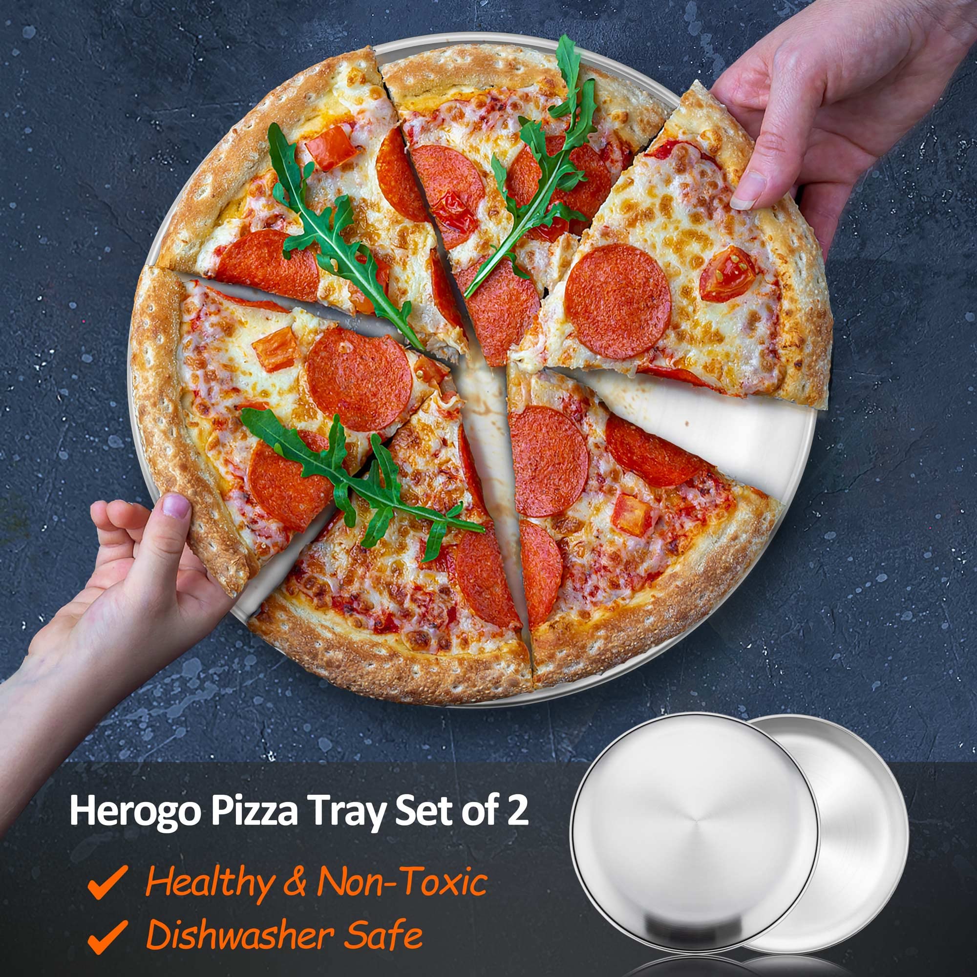 Herogo Juego de 2 bandejas redondas de acero inoxidable para pizza de 10 pulgadas para hornear | Bandeja para pizza, bandeja de horno para servir, no tóxica y saludable, duradera y apta para lavavajillas