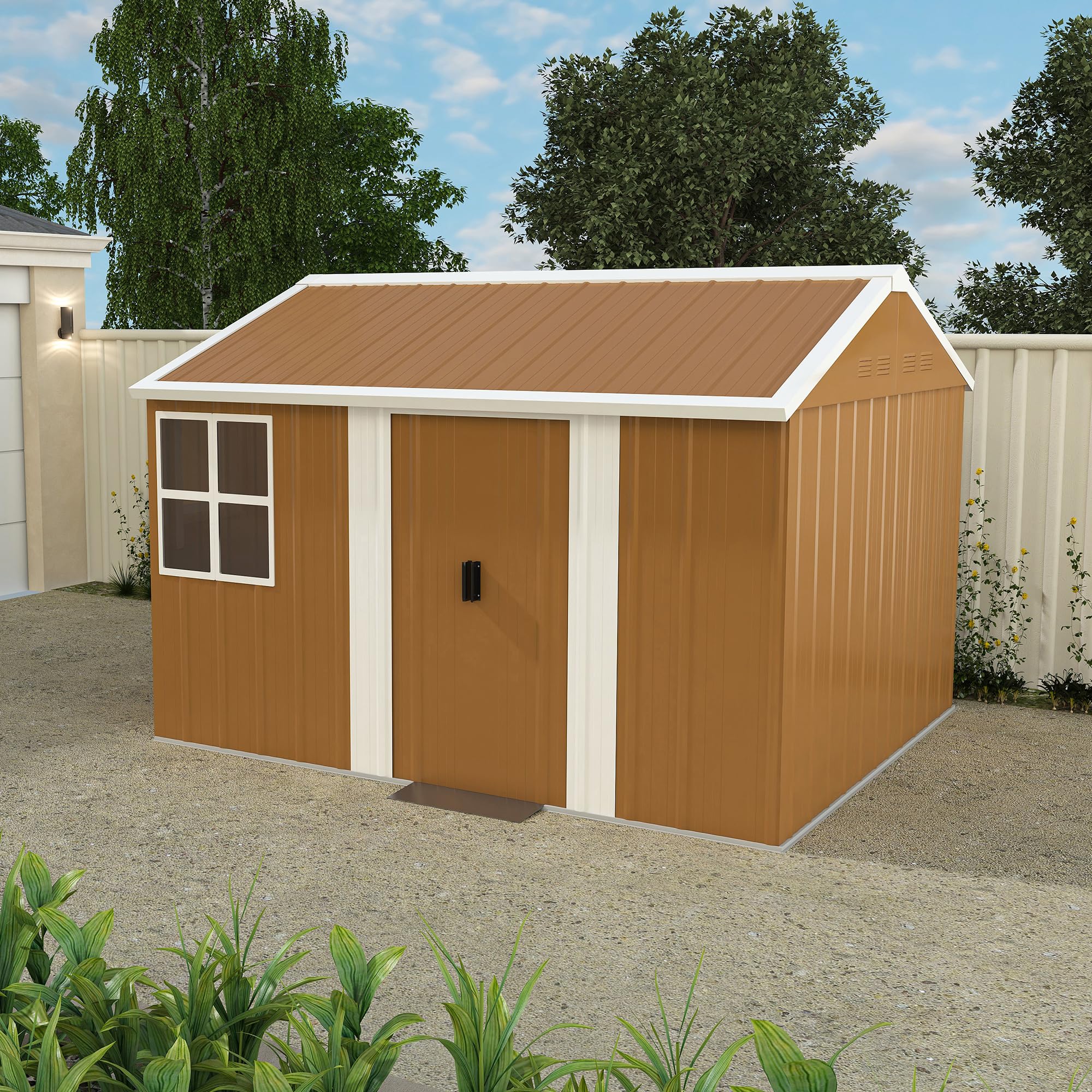 Azkoeesy Capanno Giardino Acciaio 184x116 / 300x240 / 360x298 cm, Metallico Impermeabile con Finestre - Porta Serrabile - Ventilazione, Senza Base, per Attrezzi e Biciclette (300x240 cm)