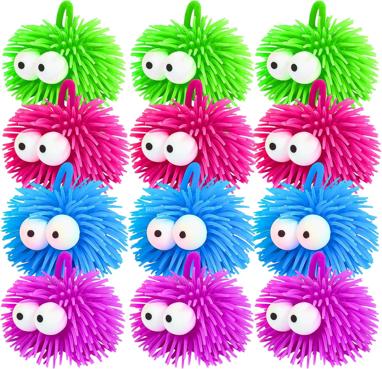 Fun Express Assorted Color Vinyl Puffer Balls with Eyes - 4" (Pack of 12) - Squeeze Toy Design, Perfect for Fidgeting, Stress Relief, and Playtime Activities