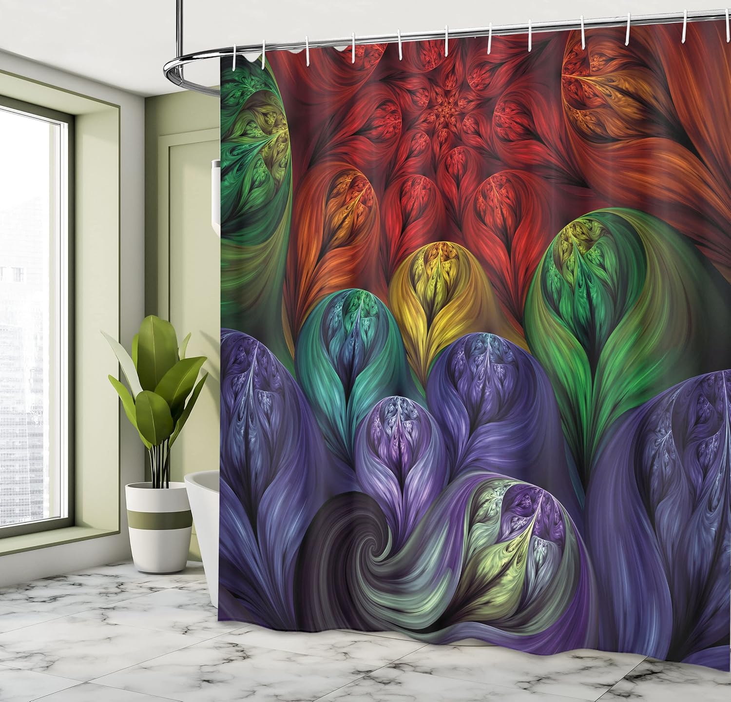 Ambesonne Fractal Shower Curtain, Computer Generated Surreal Colorful Forms Modern Bohemian Fusion Creative Art, Cloth Fabric Bathroom Decor Set with Hooks, 69" W x 70" L, Quartz Vermilion