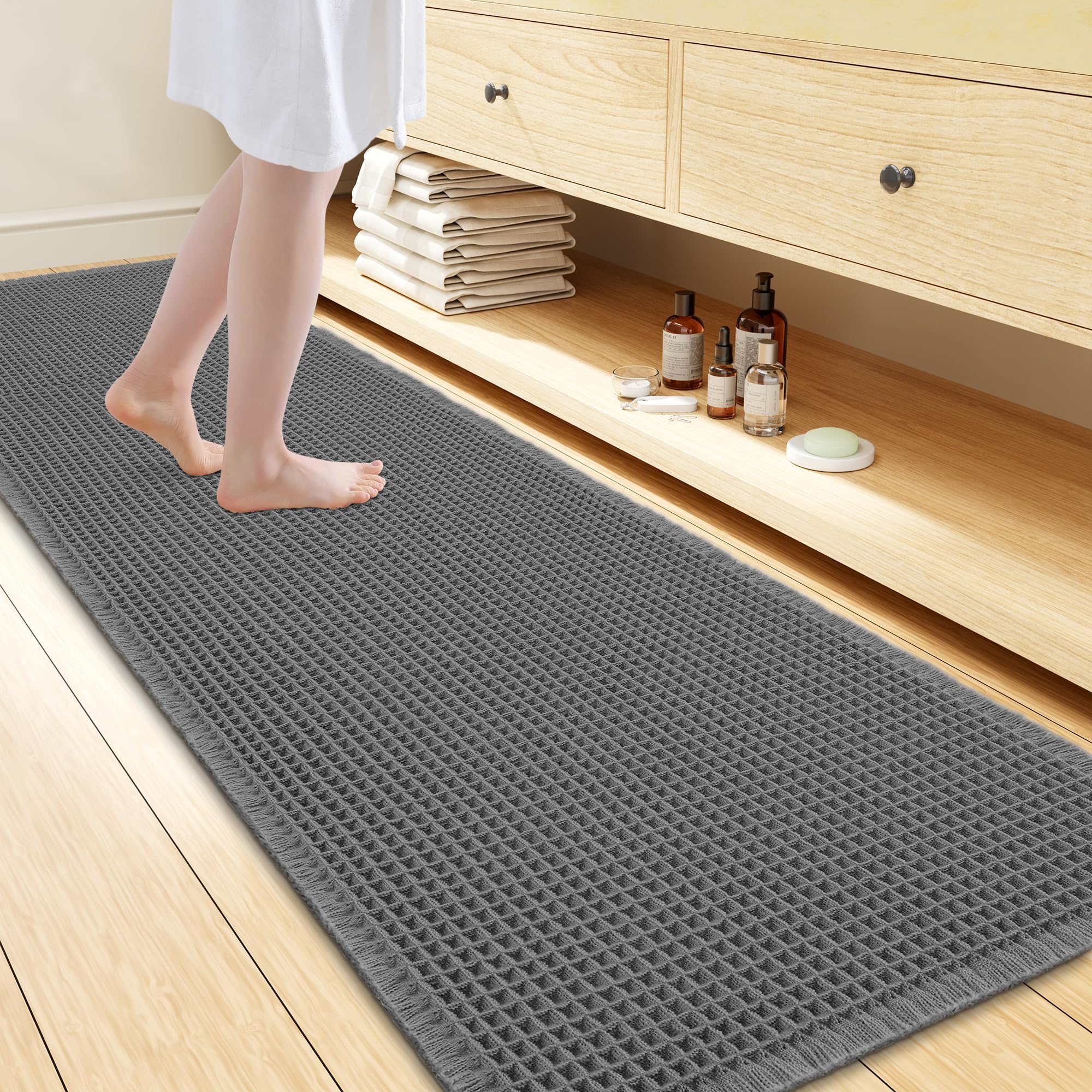 Smiry Waffle Bath Mat 72X24, Extra Soft Absorbent Bathroom Rugs, Dark Grey