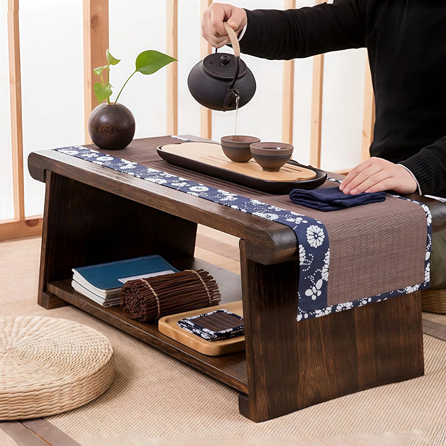 Folding Floor Table,Meditation Altar Table for Home Decor,Hand Carved Natural Brown Wood Small Puja Table, Used in The Tea Table Japanese,Study Room,IT is 24Inches(L),12 Inches(W) , 21 Inches(H)