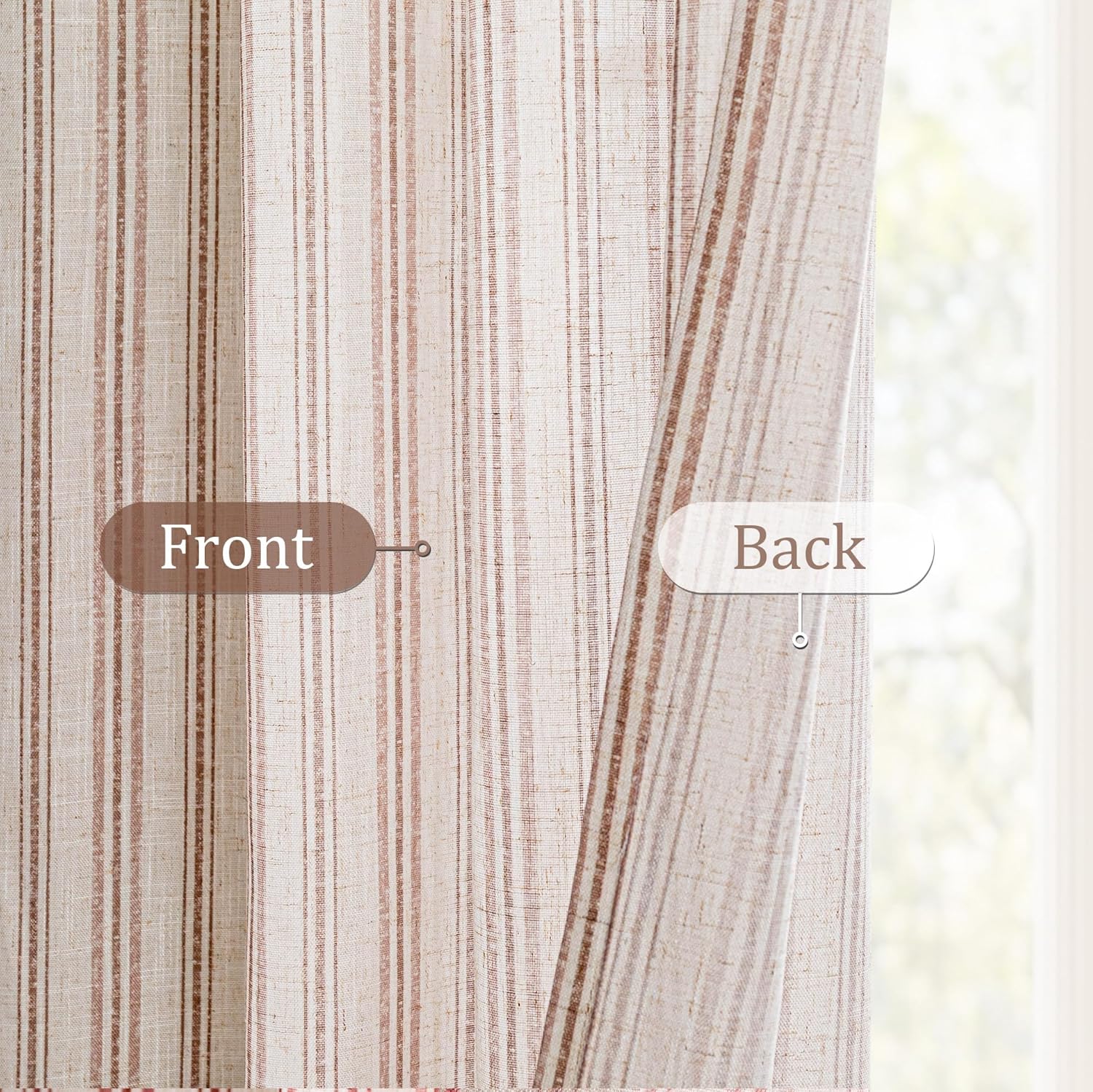 MYSKY HOME Taupe Striped Linen Curtains 84 Inches Long Light Filtering Curtains for Bedroom Living Room Farmhouse Rustic Cottage Core Tan Ticking Pinstripe Patterned, Grommet, 2 Panels, 52" Wide