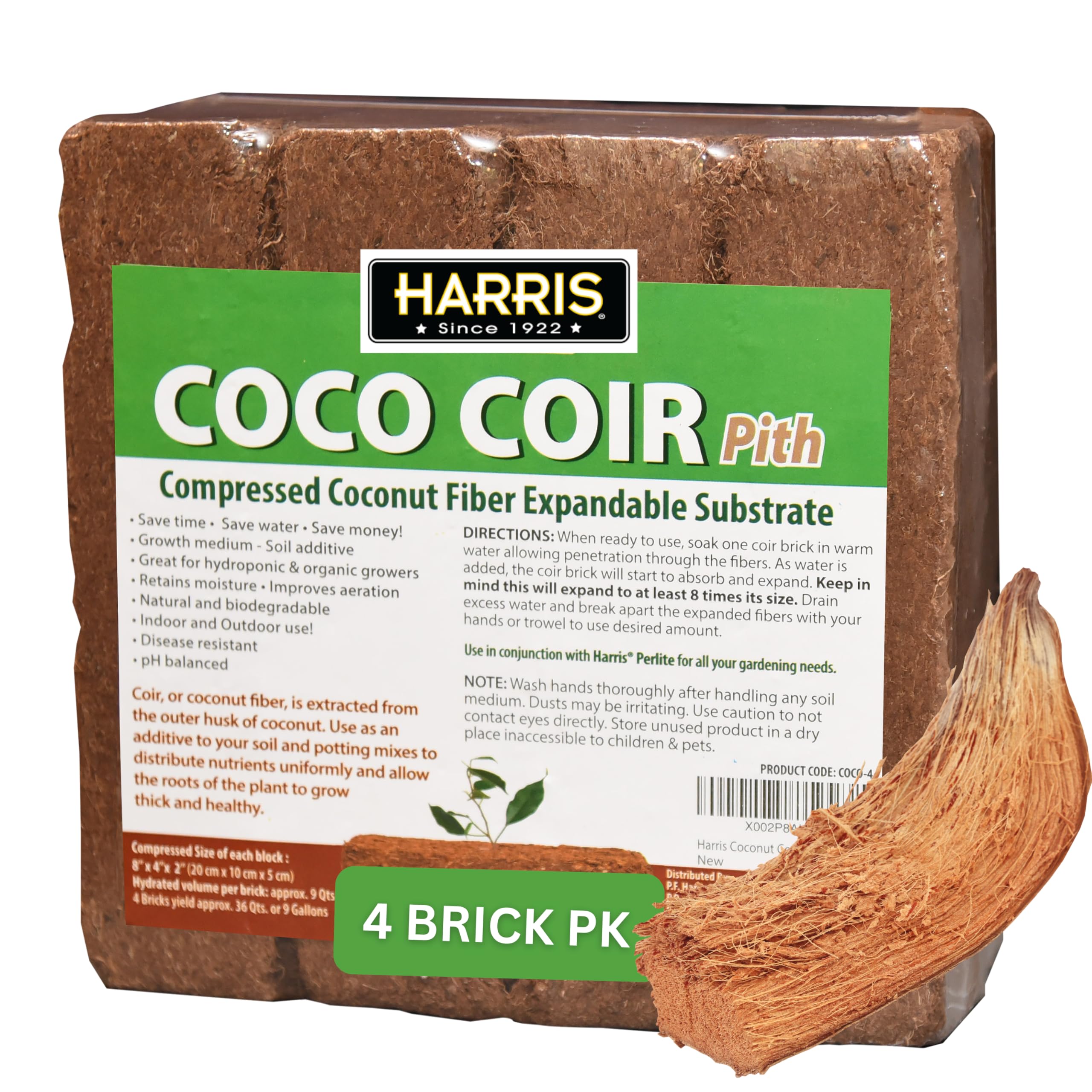 Harris Coco Coir Pith, 4 Bricks Expand to 9 Gallons of Coconut Coir, Coconut Fiber