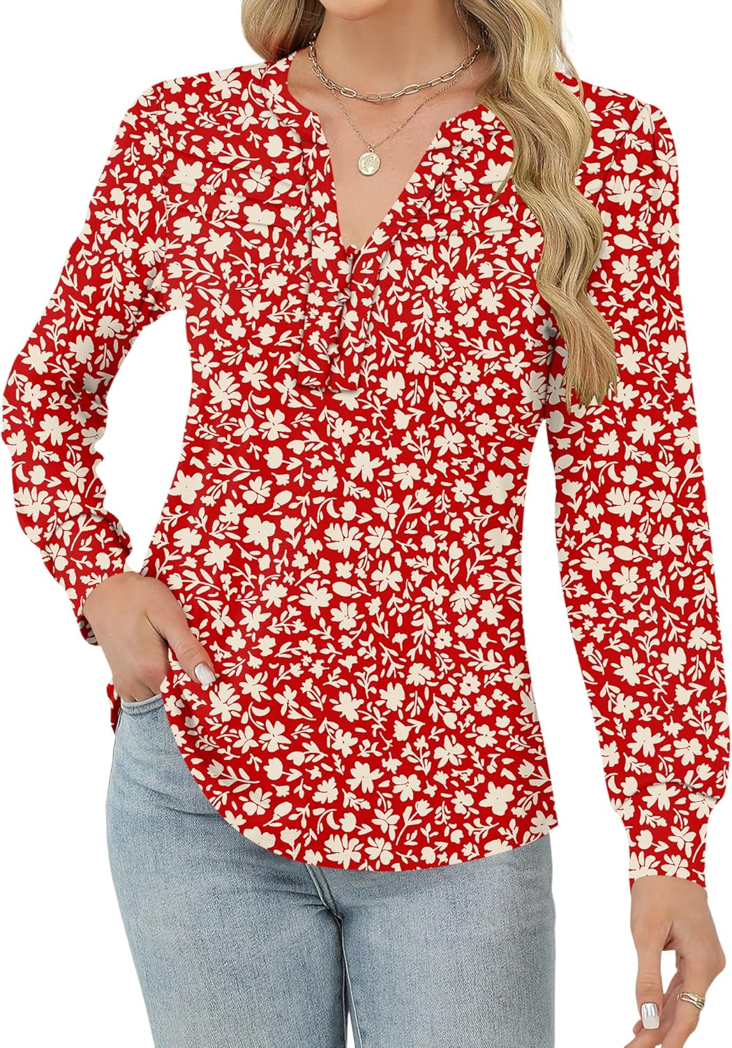 Rapbin Womens V Neck Long Sleeve Button Down Tunic Blouses Fall Fashion 2025 Dressy Casual Pleated Tops for Leggings