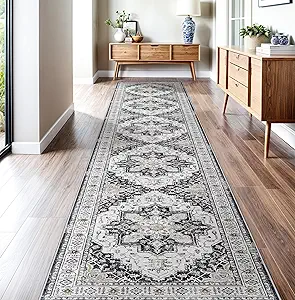 Madane Hallway Runner Rug 2'6''x14' Kitchen Runner, Non Slip Vintage Runners for Hallways Washable Kitchen Rugs Soft Low Pile 2.5x14 ft Rug Runner for Laundry Room, Entryway and Bedroom, Black