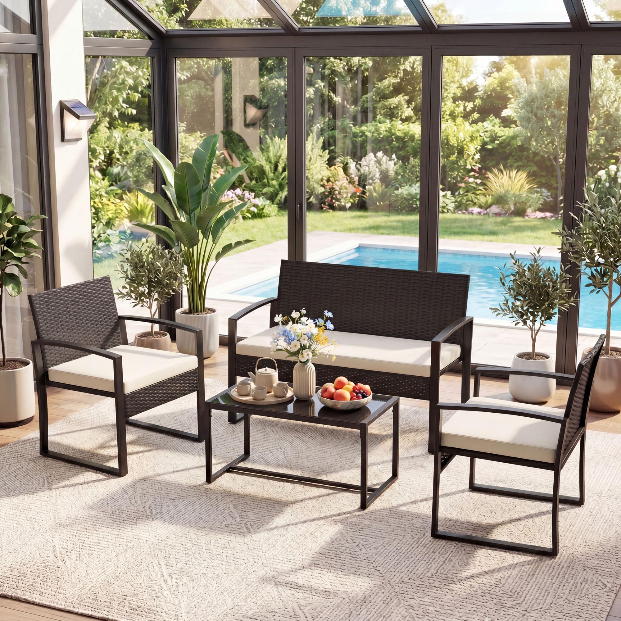 SOARS Conjunto Jardín Exterior de Ratán PE y Metal, Muebles de Jardín de 4 Piezas con Respaldo Inclinado y Cojines de Asiento, Muebles de Exterior con Mesa de Centro para Patio, Jardín (Beige)