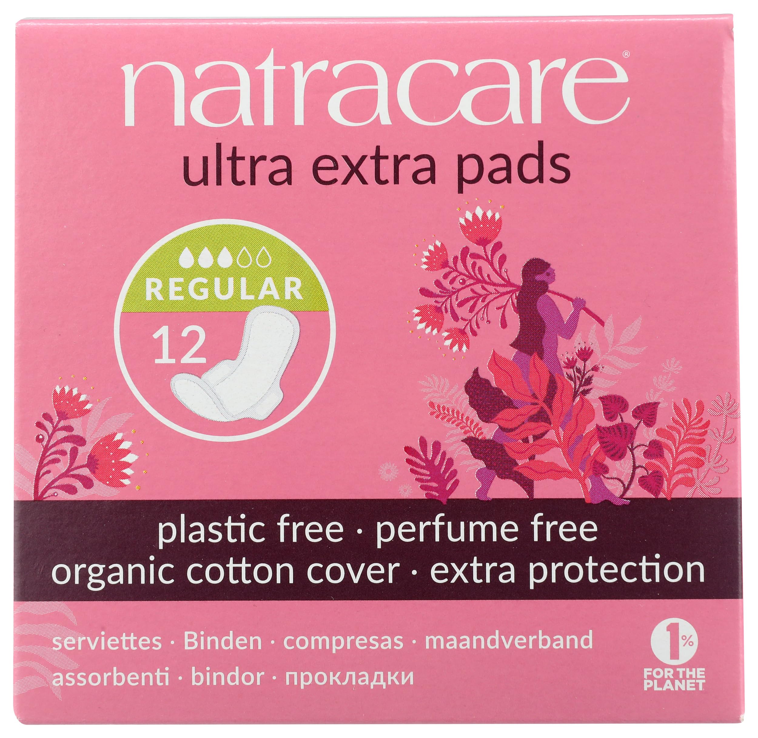 Natracare Ultra Extra Pads with Wings, Regular, Individually Wrapped, Made with Certified Organic Cotton, Ecologically Certified Cellulose Pulp and Plant Starch (1 Pack, 12 Pads Total)