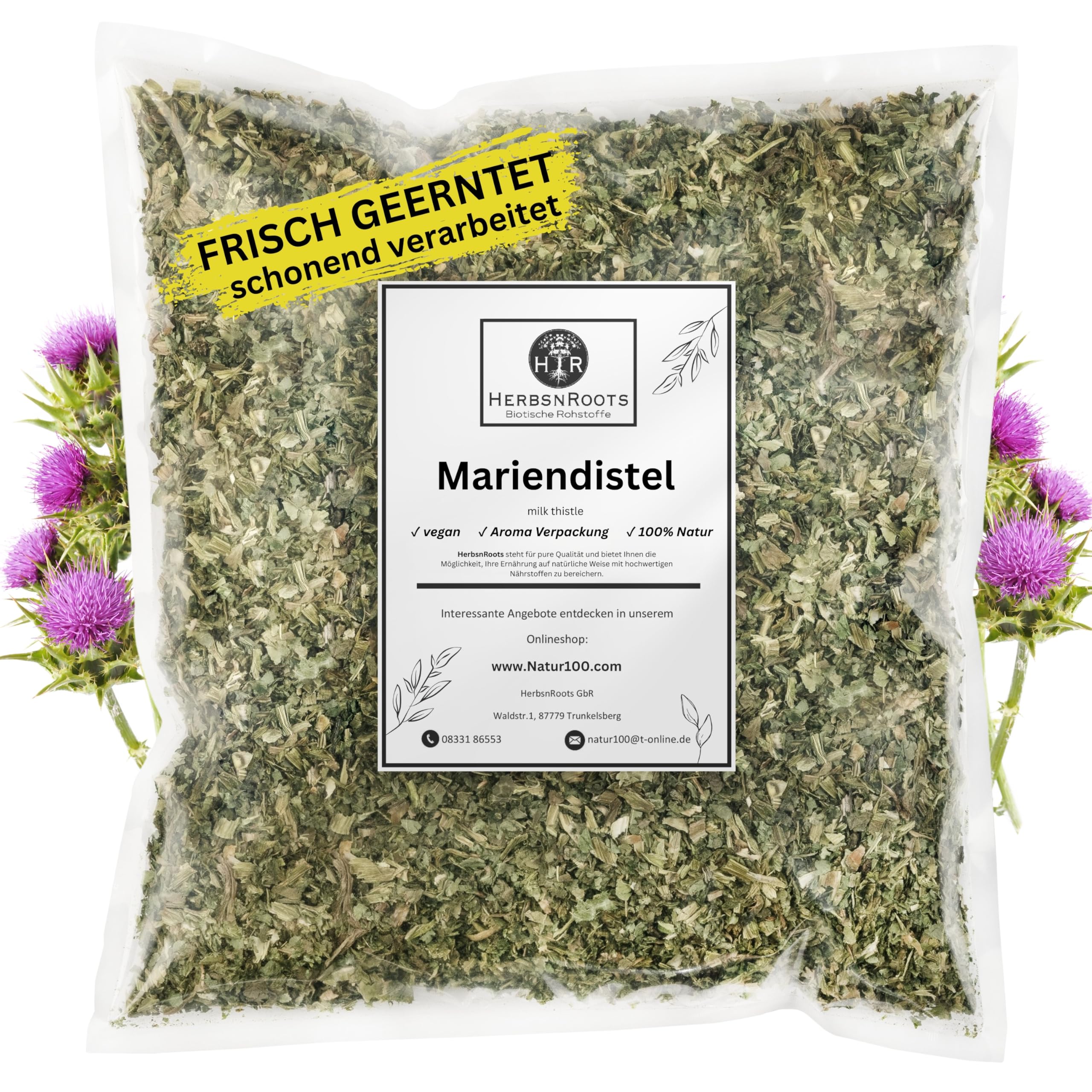 Mariendistel Tee • 500g • für Leberkur • Leber entgiften • Mariendistelkraut pur geschnitten • Naturrein • Kräutertee • Erste Wahl • hoher Wirkstoffanteil • ähnlich Schwedenkräuter • HerbsnRoots