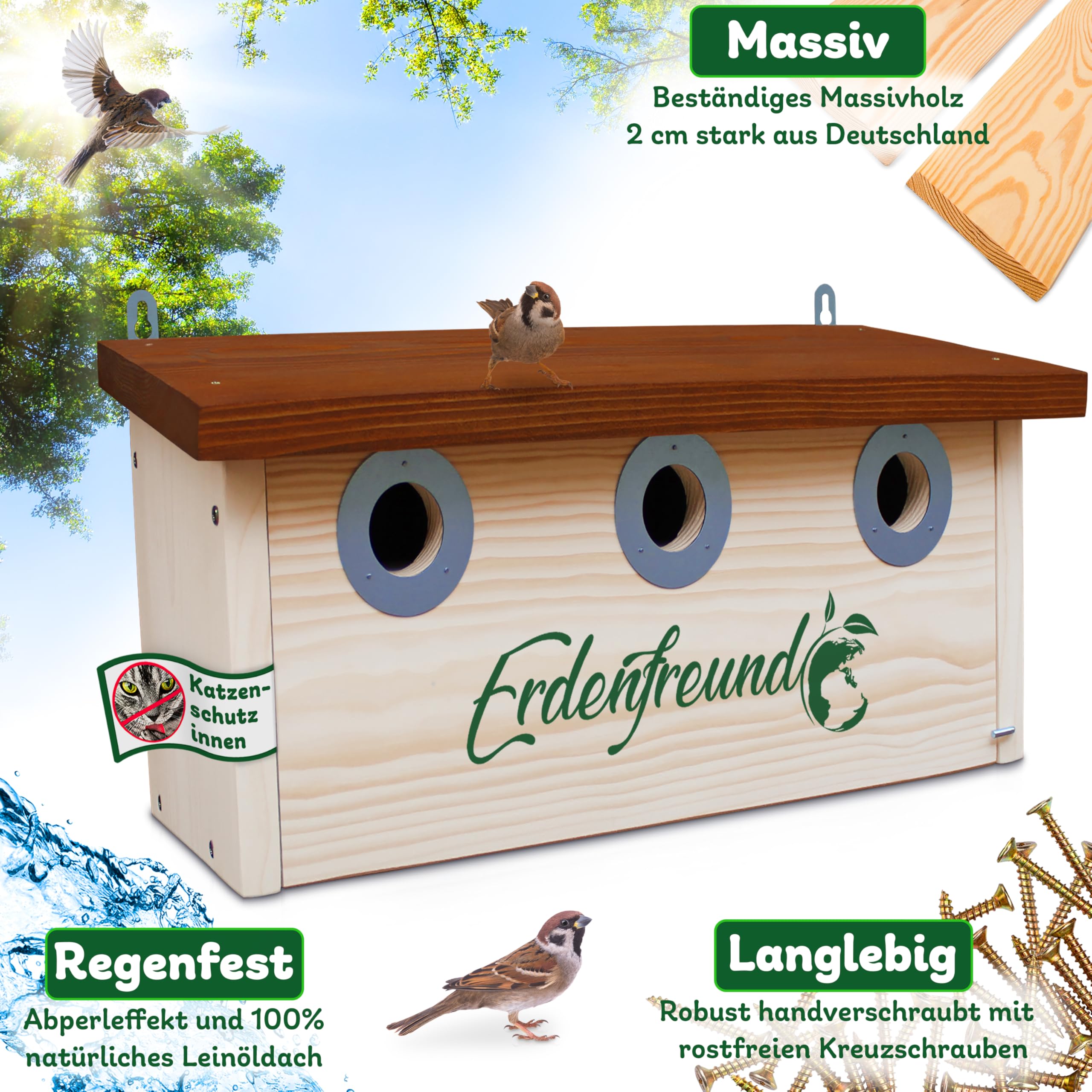 ERDENFREUND® Spatzen Nistkasten Marder-/Katzenschutz räubersicherer Brutkasten für Vögel pickfester Metall-Spechtschutz rostfrei 3er Spatzenhaus 34 mm (Kolonie Nistkasten Sperling 3 Nisträume)