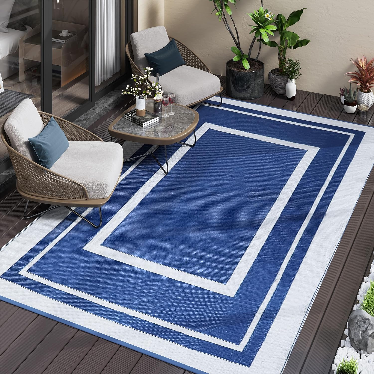 TECHMILLY Outdoor Rug 5x8 ft, Waterproof Outdoor Plastic Straw Rug, Reversible Portable Carpet for Patio, Camping, RV, Balcony, Deck, and Picnic, Grey & Navy