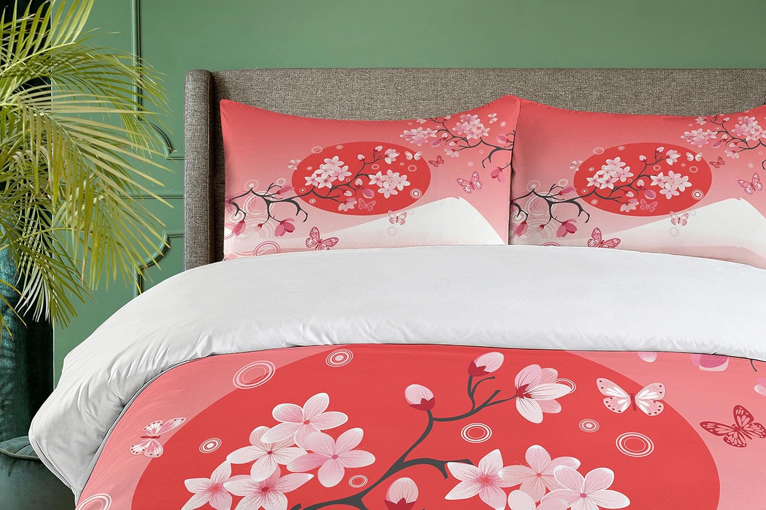 Ambesonne Asian Duvet Cover Set, Japanese Cherry Branches Over The Sun with Mountain Reflection Hill Season Image, Decorative 3 Piece Bedding Set with 2 Pillow Shams, Queen Size, Pink Red Queen Pink Red