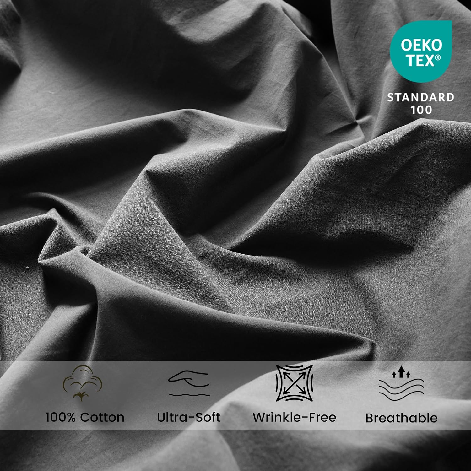 BISELINA 100% Washed Cotton Fitted Sheet Queen Size, Fits up to 20" Deep Pocket Fitted Bed Sheet only, Soft & Breathable, Anti-Wrinkle 360° Fully Wrapped Mattress Cover - Charcoal Grey