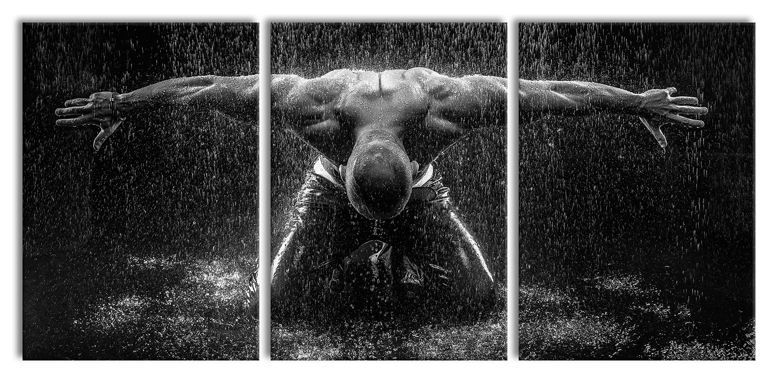 Pixxprint Bodybuilder im Regen als XXL Leinwandbild in Übergröße 210x100cm Gesamtmaß 3 teilig, Wandbild, Kunstdruck