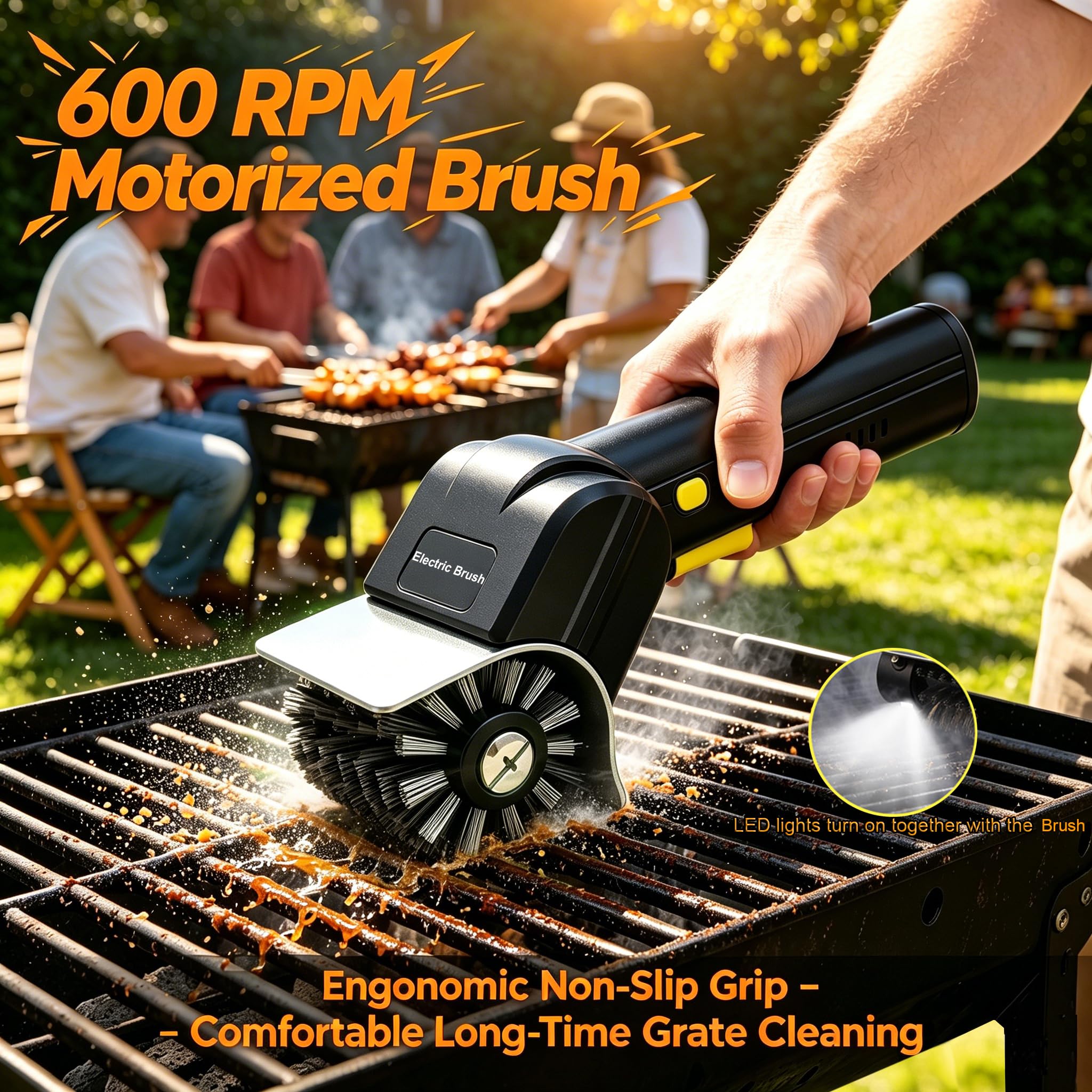 Elektrische Grillbürste, 600 U/min, kabelloser Grillreiniger, 2000 mAh Typ-C Schnellladung, abnehmbarer Kopf aus 304 Edelstahl, LED-Nachtreinigungslicht, für Hinterhof, Camping, Grillliebhaber