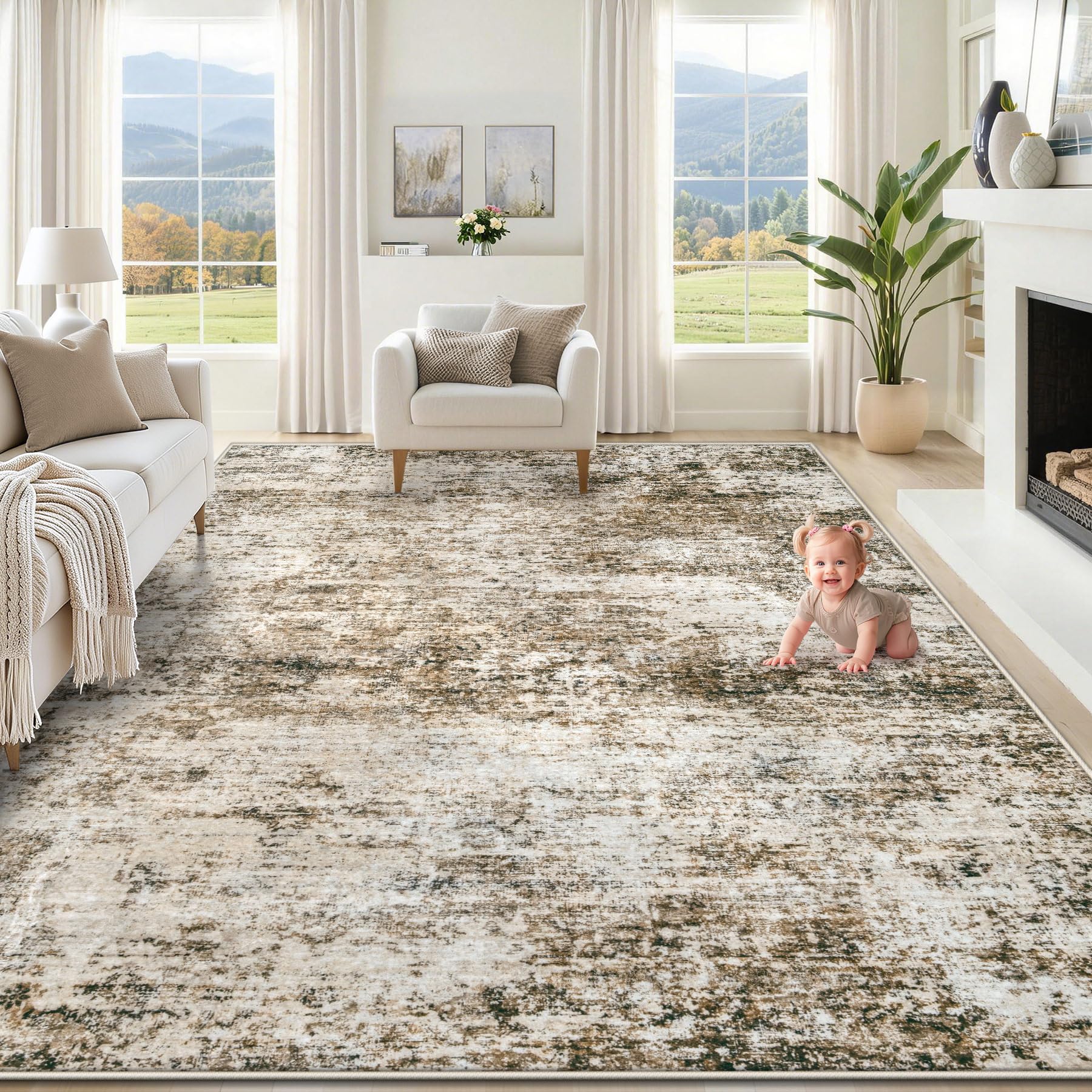 Photo 1 of XLUEZ 8x10 Area Rugs for Living Room, Washable Modern Abstract Large Area Rug Neutral Soft Non Slip Kids Rug Stain Resistant Indoor Carpet for Bedroom Nursery Dining Room Playroom(Brown, 8'x10')