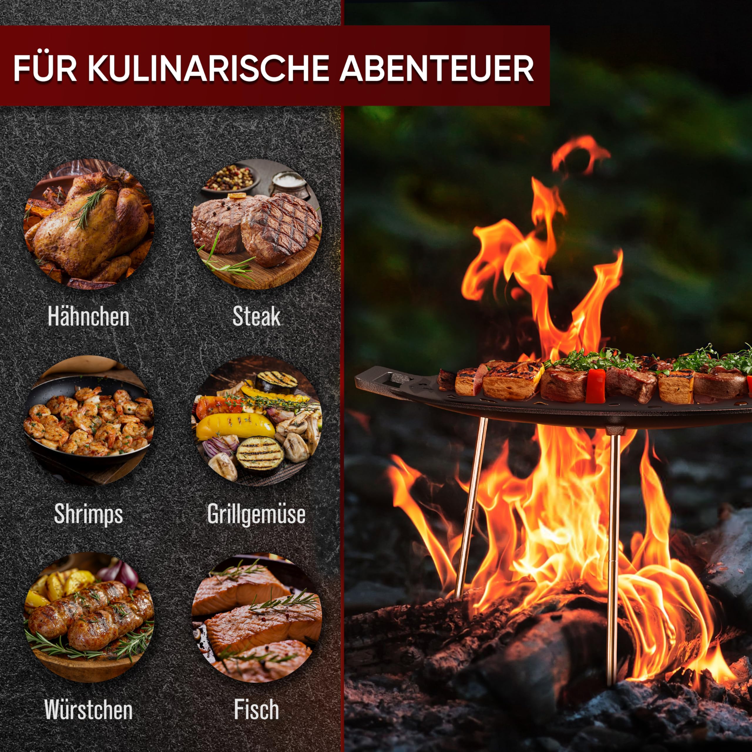 GUSSKÖNIG Gietijzeren grillplaat ( 42 cm) met 3 roestvrijstalen poten - Dutch Oven grillplaat gietijzer rond - driepoot-grillplaat - vuurschaal