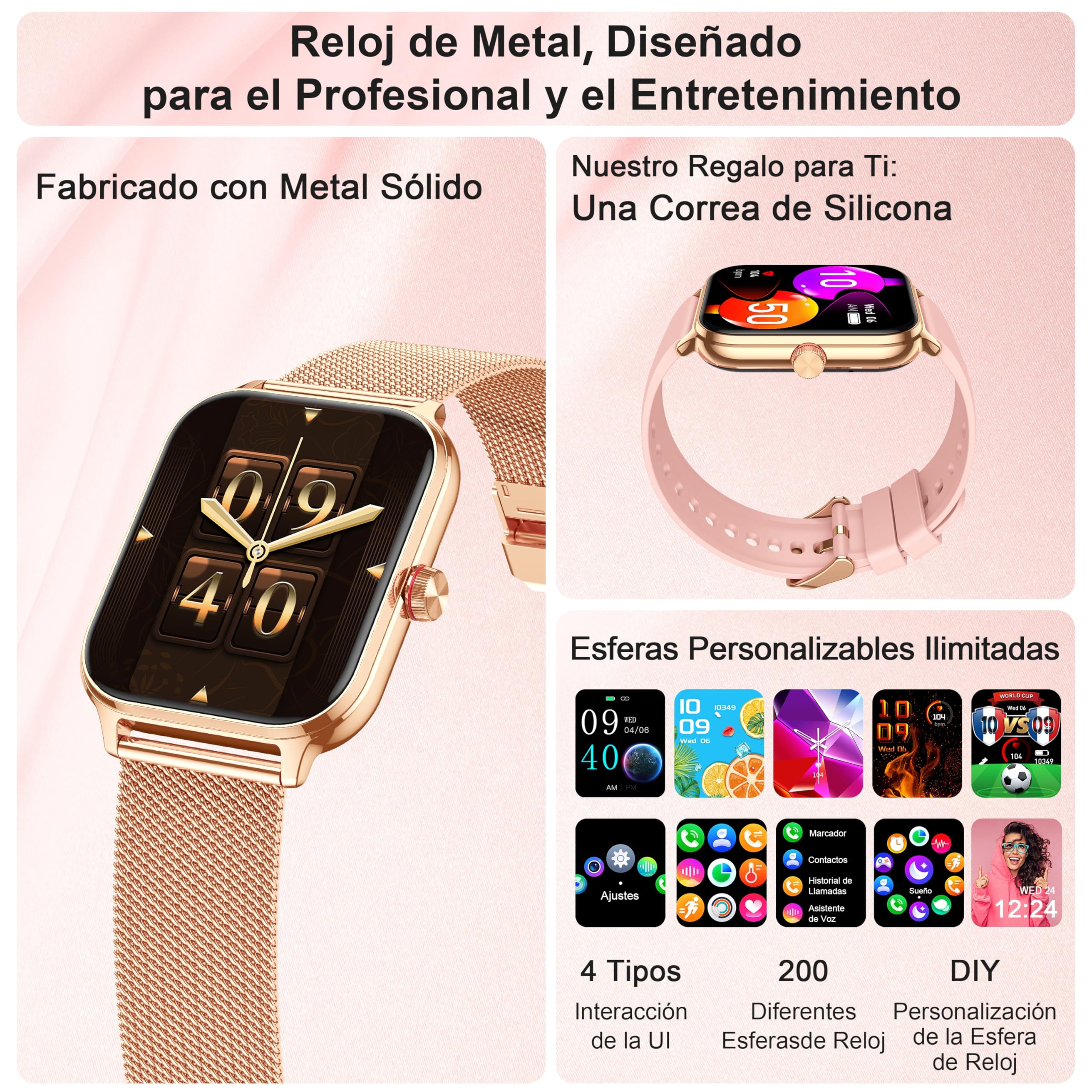 LODIMEKE Reloj Inteligente Mujer con Llamadas y Asistente AI, Whatsapp Notificaciones, 1.95" Smartwatch con Monitor de Presión Arterial /SpO2/Pulsómetro/Sueño, 2 Correas Pulsera Regalo iOS Android