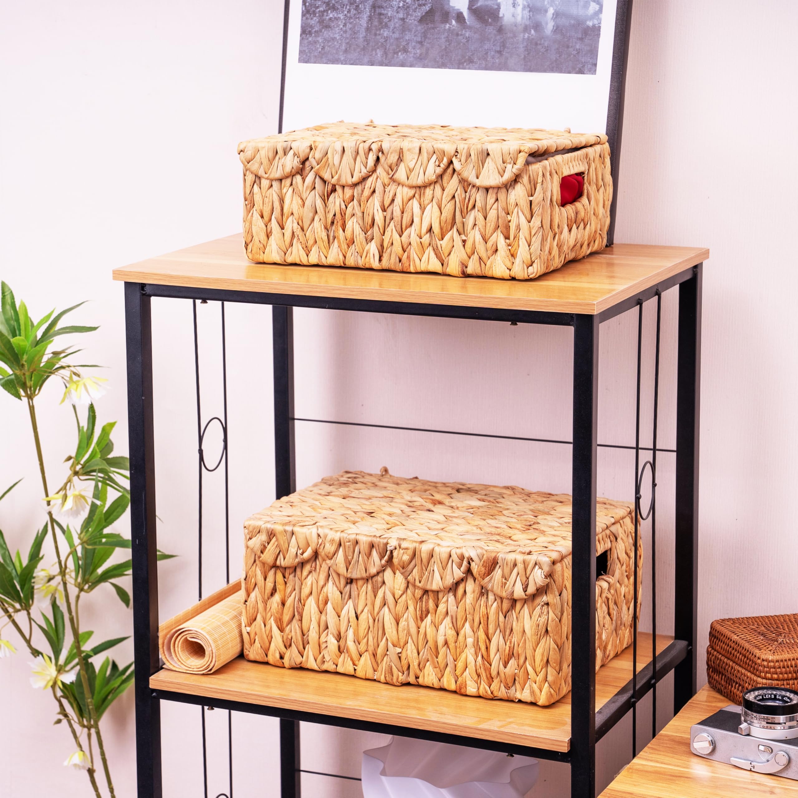 Cesta de mimbre con borde festoneado con tapas, cesta de almacenamiento rectangular de mimbre con asas integradas, organizador multiusos cajas de exhibición de ratán para estante, cuarto del 3