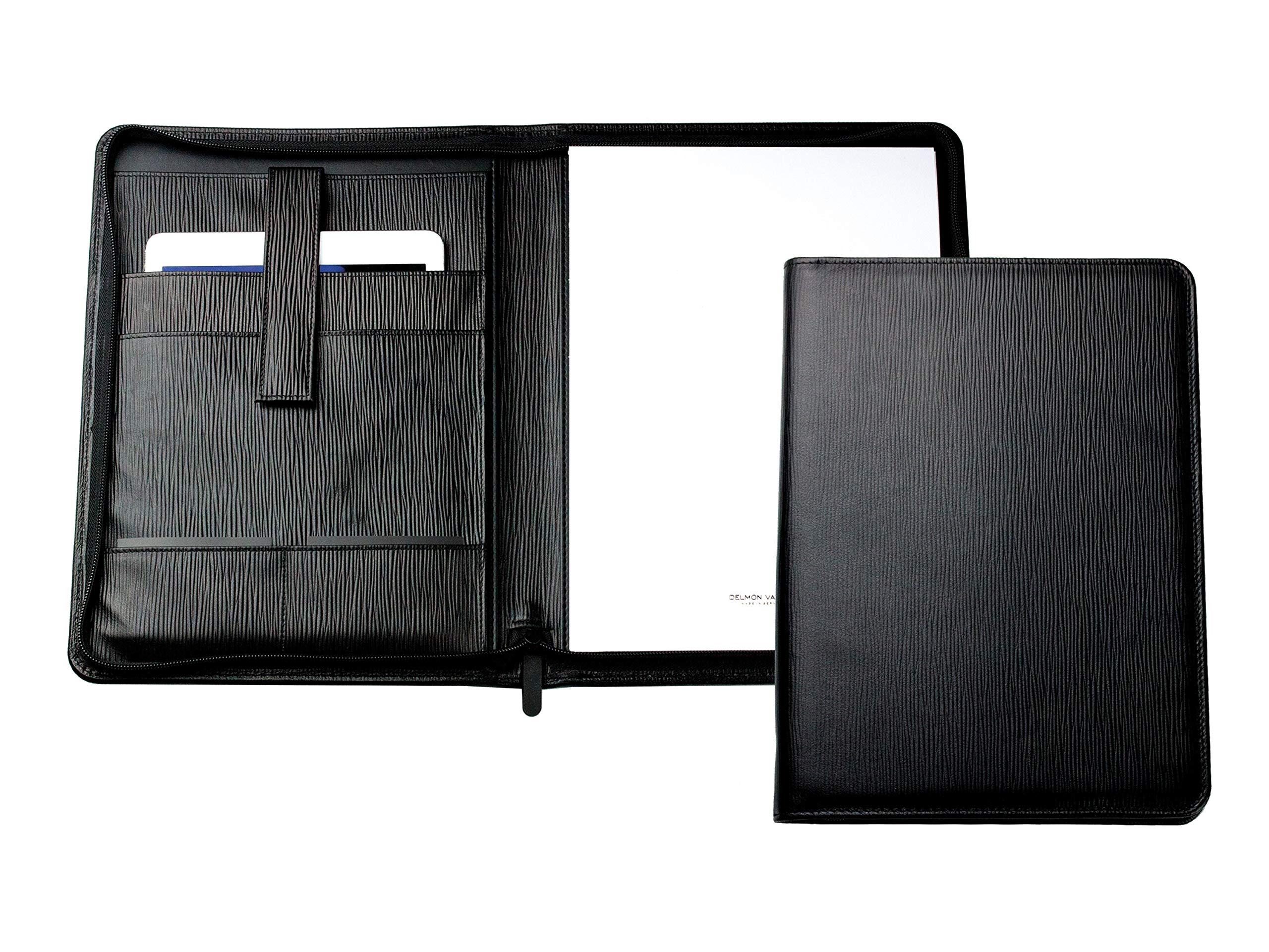 DELMON VARONE - Personalisierbare Tablet Schreibmappe DIN A4 aus Premium Manhattan Leder schwarz, Organizer Konferenzmappe mit Notizblock und Stiftschlaufe, Dokumentenmappe mit Reißverschluss