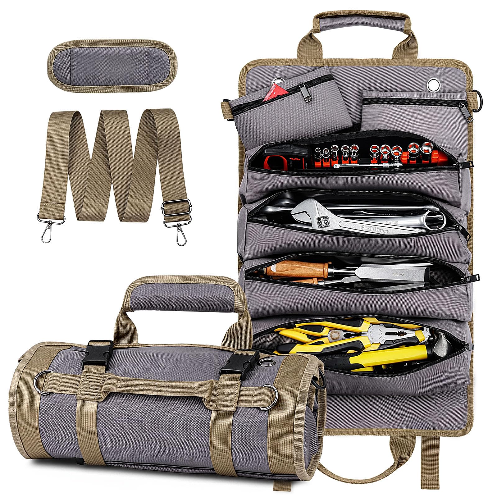 Tool Roll Up Bag, 1680D Heavy Duty Tool Bag Organizer with 2 Detachable Tool Pouches &amp; Multiple Pockets, Waterproof Motorcycle Tool Roll for Mechanic &amp; Electrician, Gift for Men Him Dad, 21.9"*13.8"