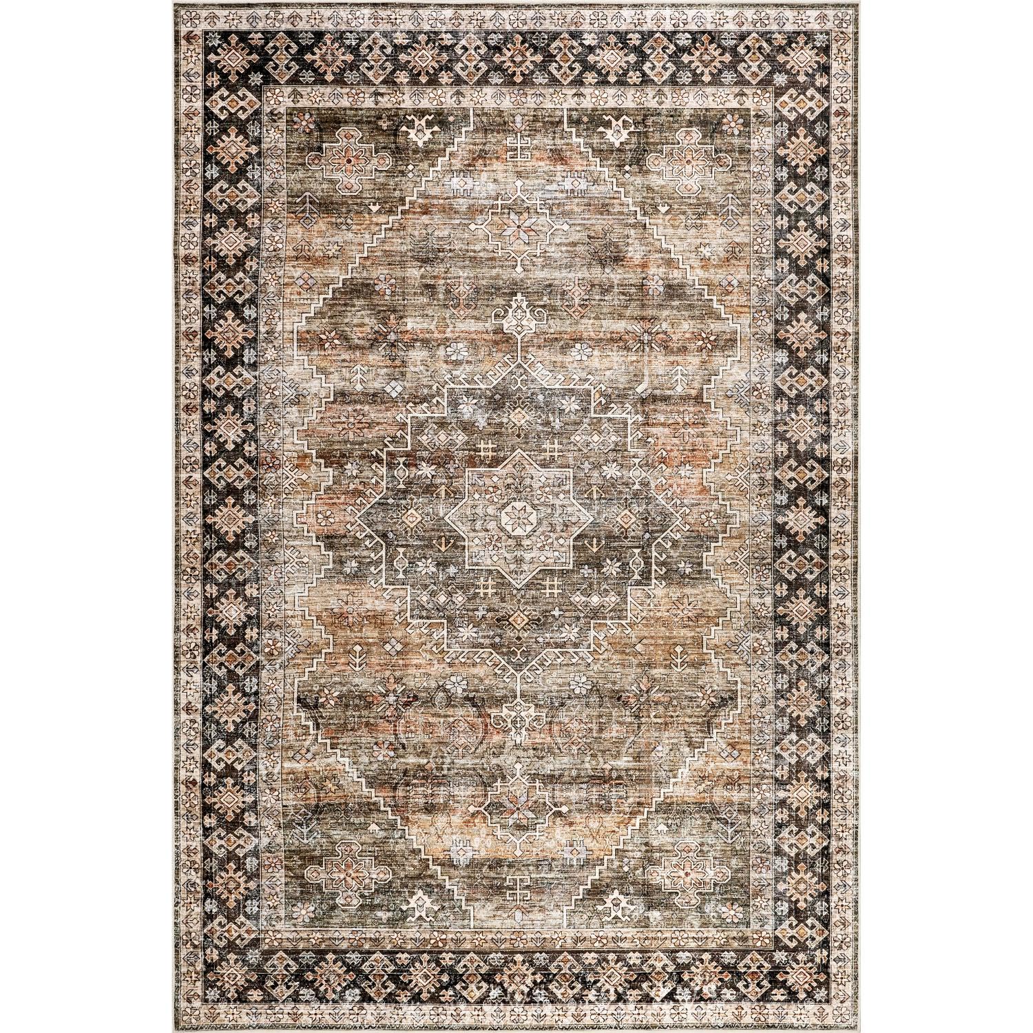 nuLOOM Purdie Medallion Tapis Lavable en Machine – pour Salon, Chambre à Coucher, Salle à Manger, Cuisine, Vert Sauge/Orange Clair