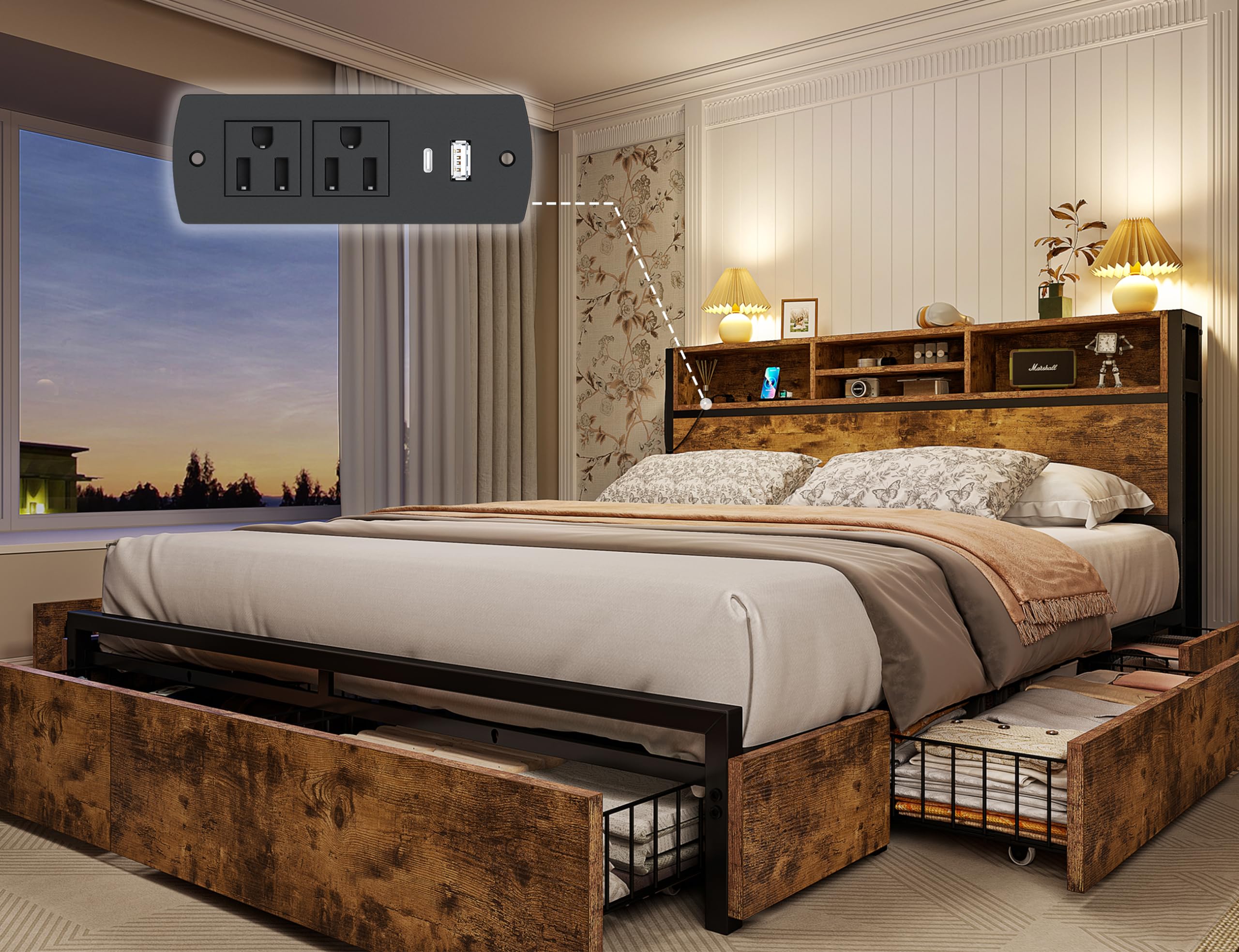 Queen Bed Frame with 6 Storage Drawers