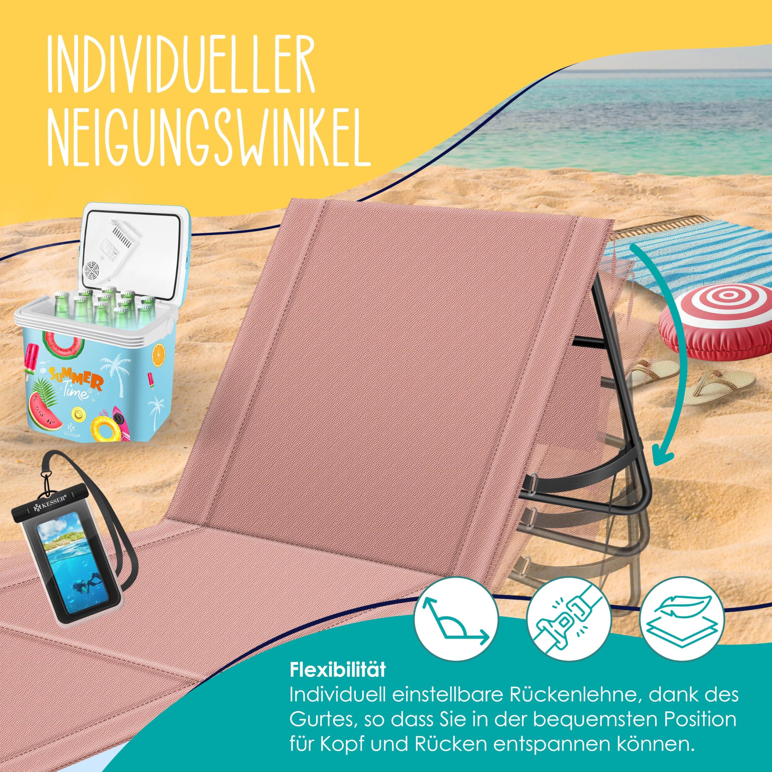 KESSER Stuoia da spiaggia pieghevole con schienale regolabile - Lettino prendisole pieghevole con cinghia di trasporto, sacchetto impermeabile e spazio di archiviazione - Lettino per spiaggia