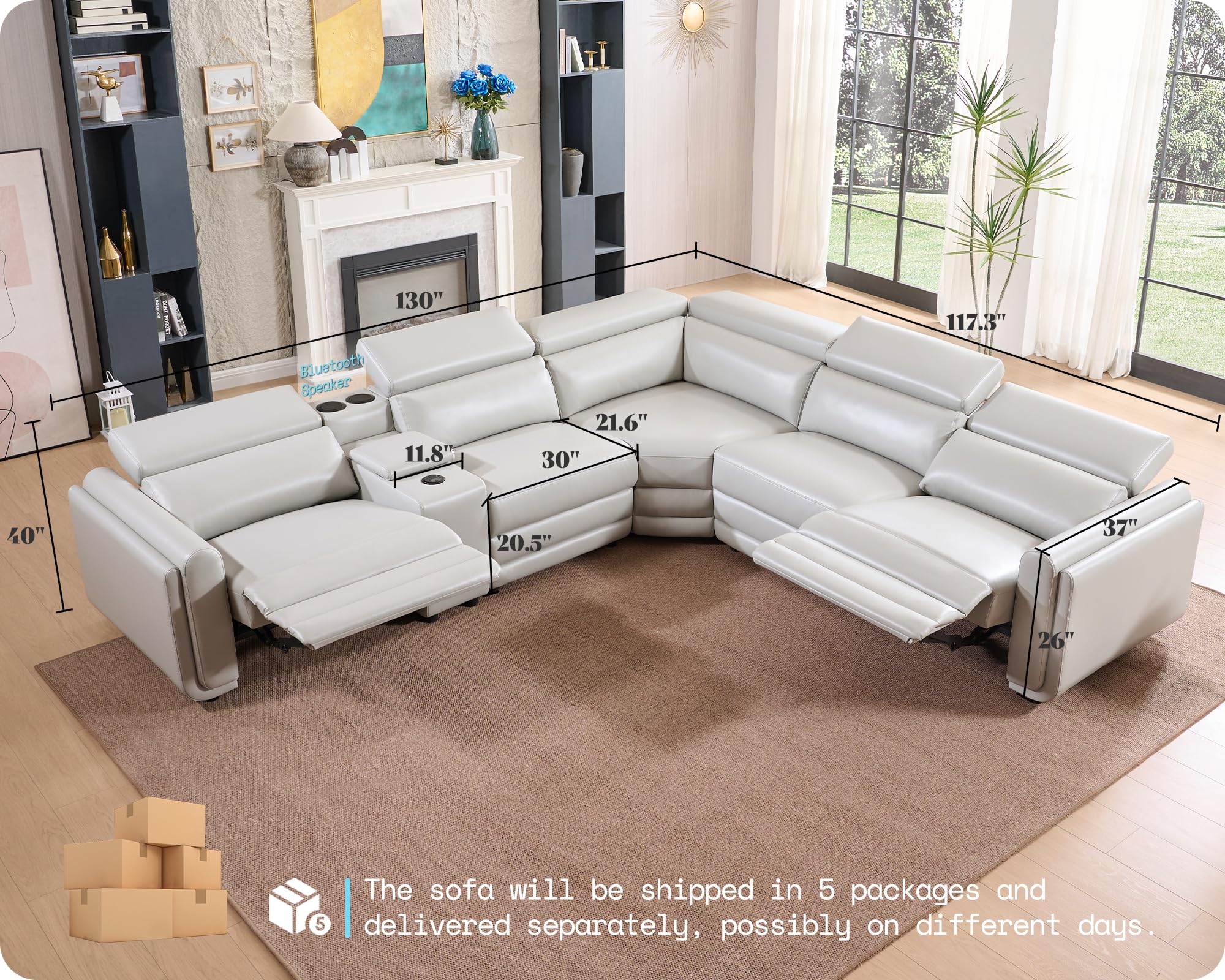 AMERLIFE Oversized Power Recliner Sectional Sofa, Leather Recliner Sofa, Light G — product photo